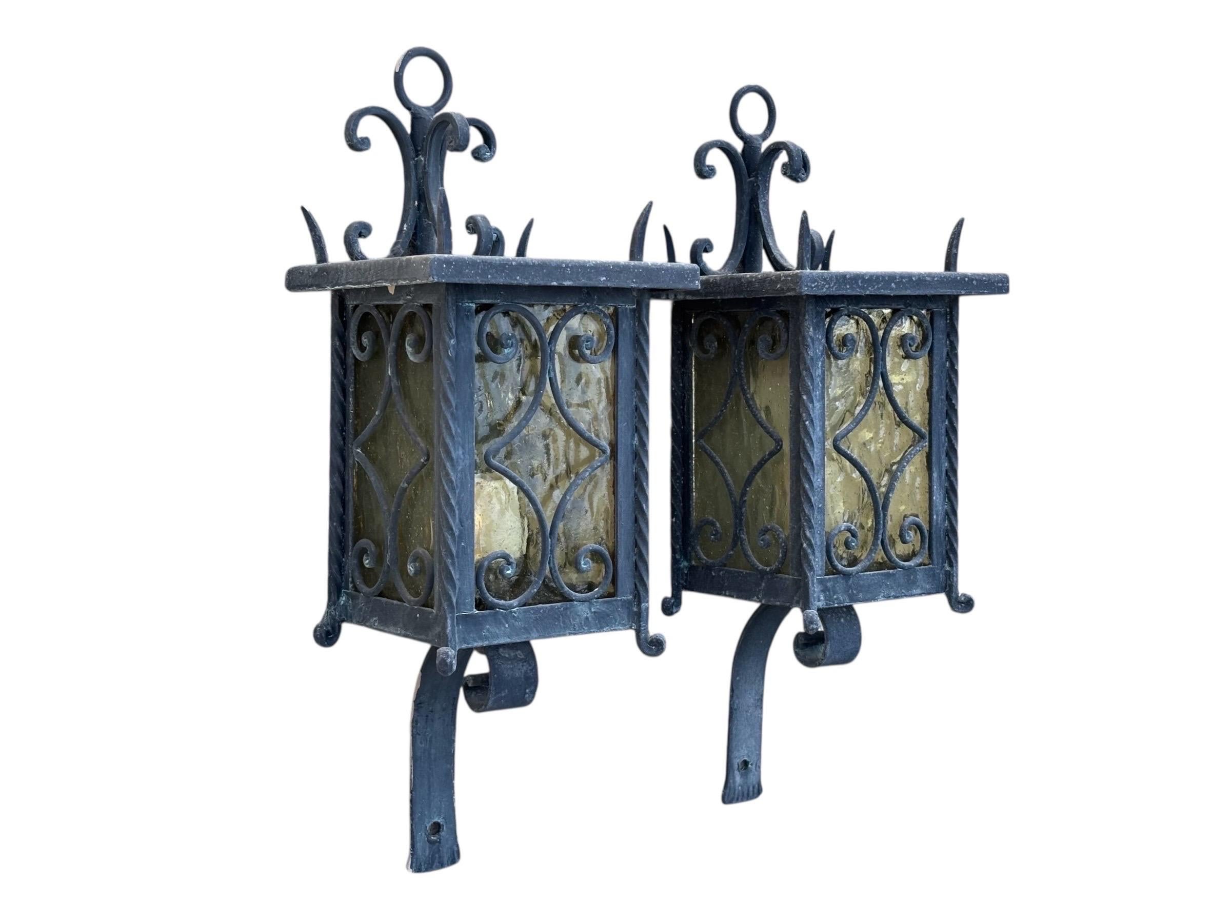 Mid-20th Century 1950's Italian Wrought Iron Exterior Wall Lanterns, a Pair For Sale