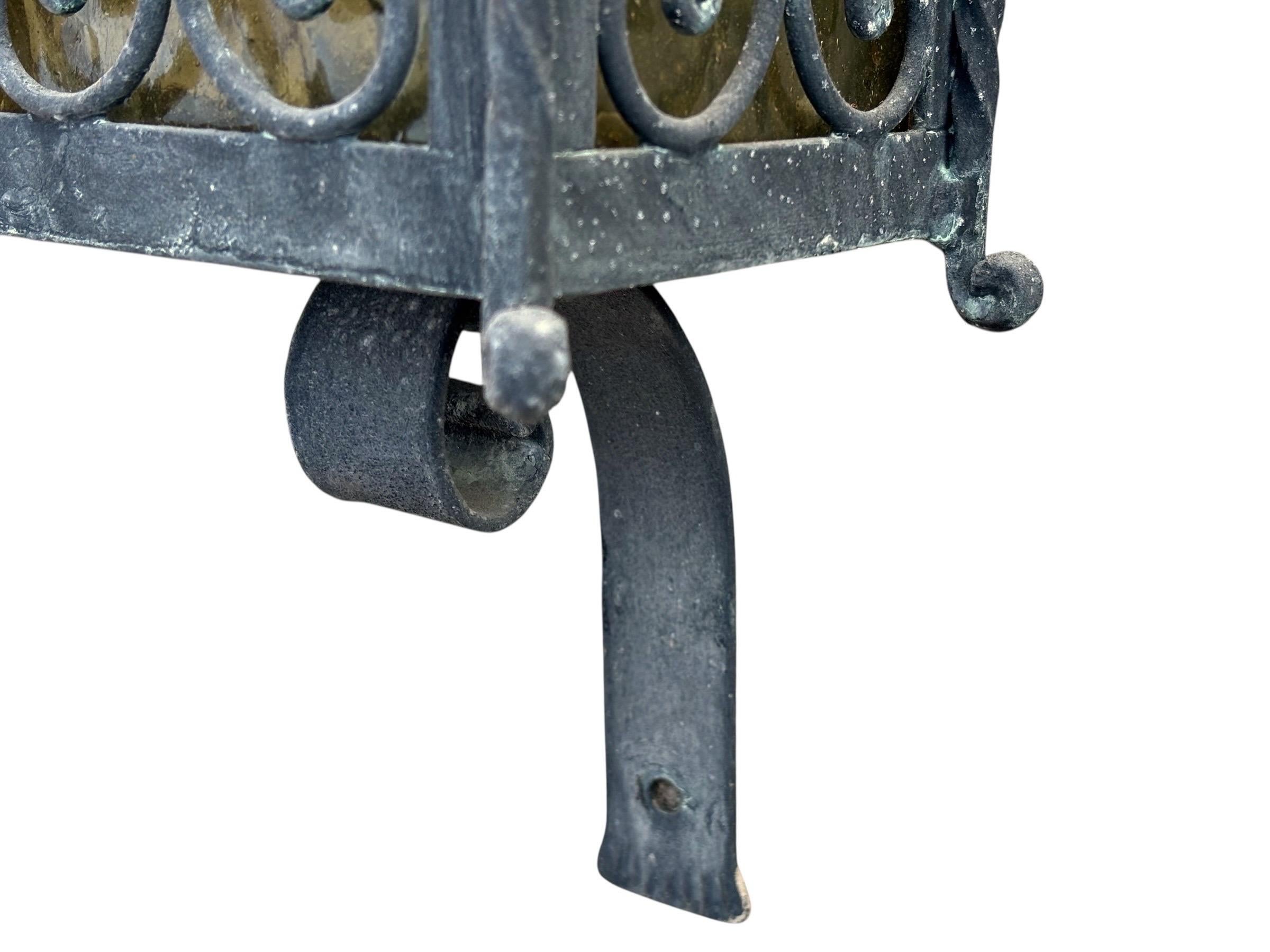 Art Glass 1950's Italian Wrought Iron Exterior Wall Lanterns, a Pair For Sale