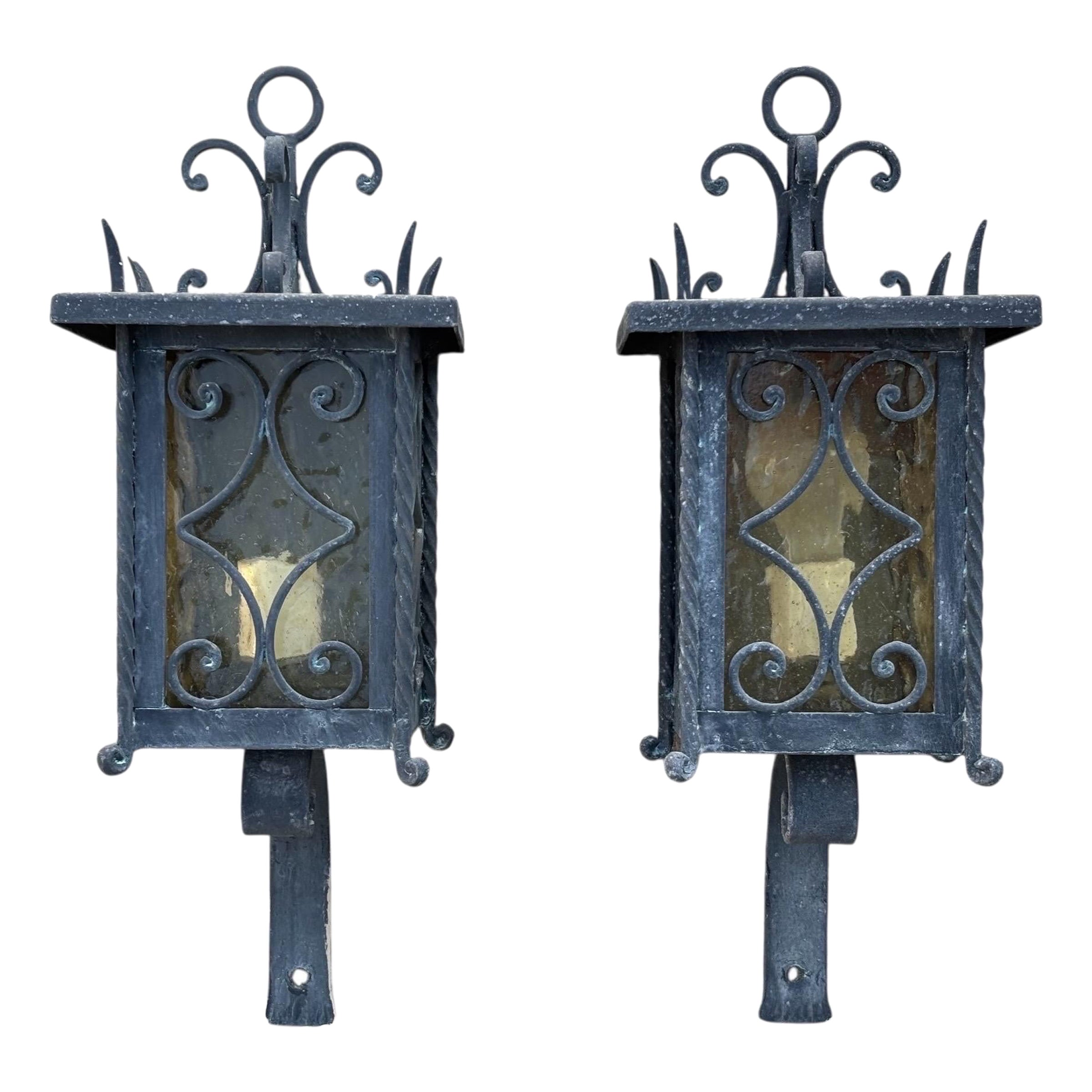 1950
s Italian Wrought Iron Exterior Wall Lanterns, a Pair