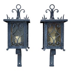 1950
s Italian Wrought Iron Exterior Wall Lanterns, a Pair