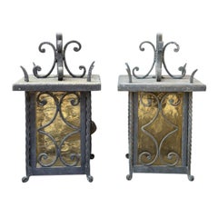 1950
s Italian Wrought Iron Pendant Lanterns, a Pair