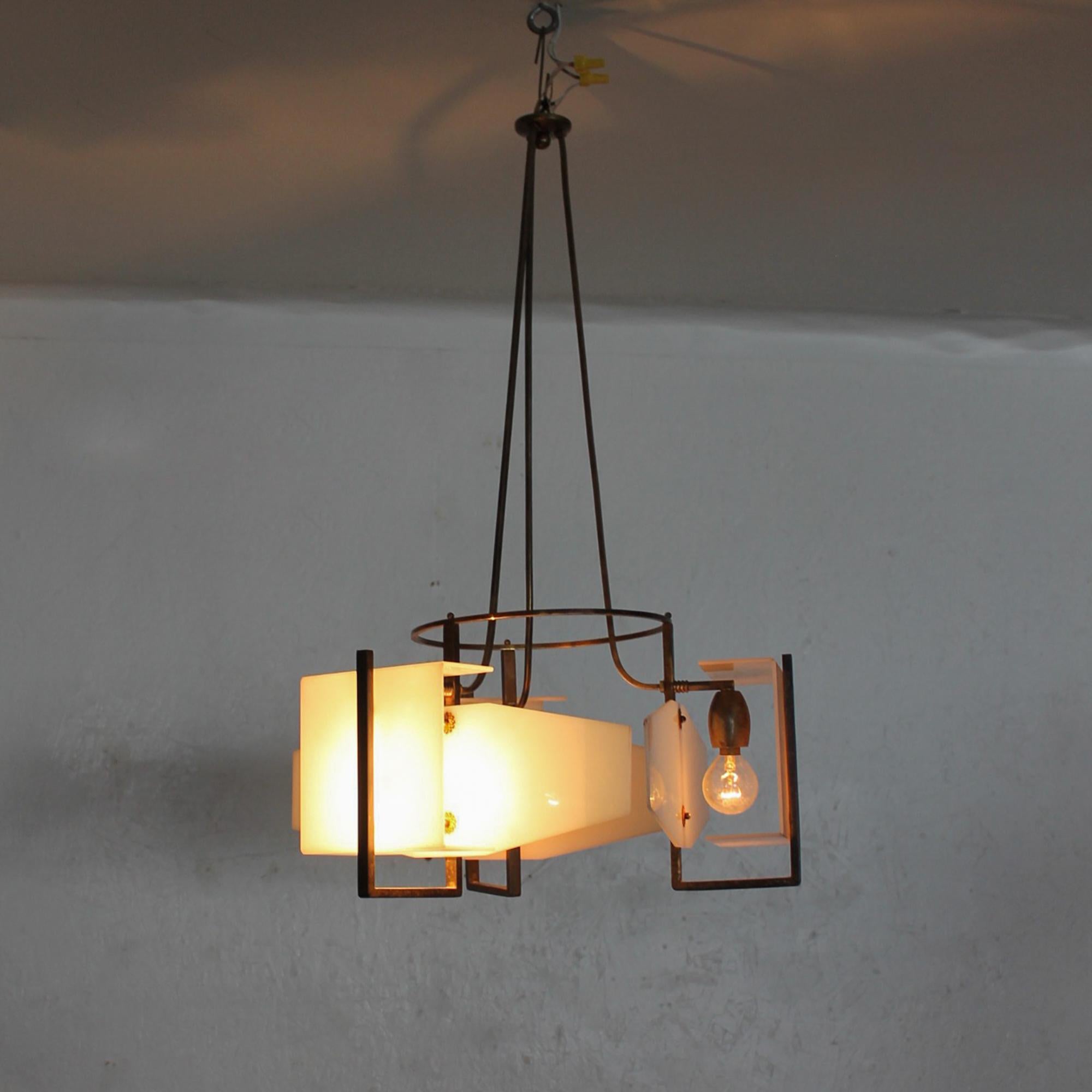1950s Italy Modernist Patinated Brass & White Acrylic Chandelier Style of OLUCE 4