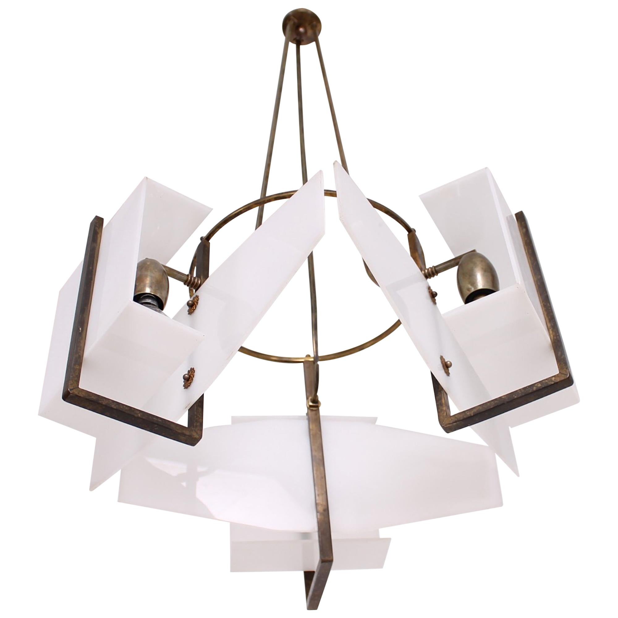 1950s Italy Modernist Patinated Brass & White Acrylic Chandelier Style of OLUCE