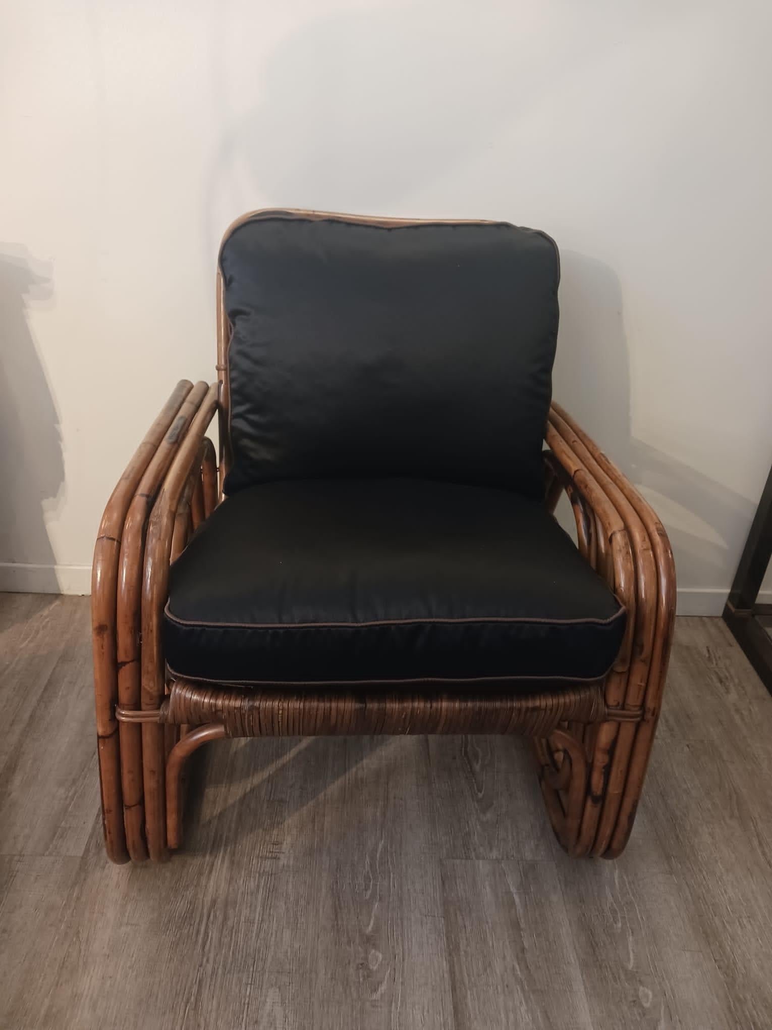 Italian 1950s Italy Bonacina Bamboo Armchairs Black and Bronze Cotton Upholstery For Sale