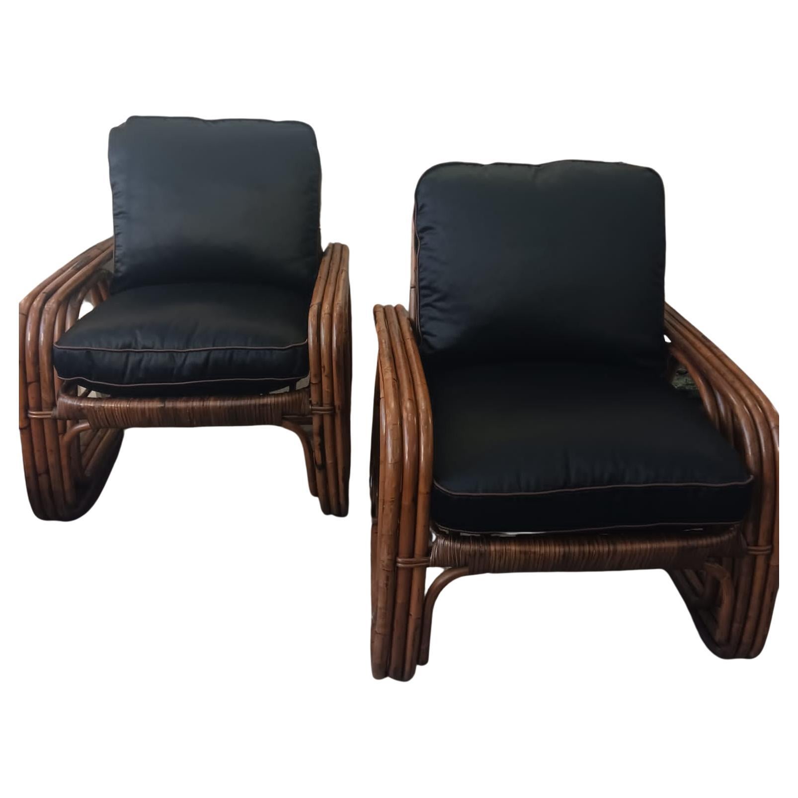 1950s Italy Bonacina Bamboo Armchairs Black and Bronze Cotton Upholstery For Sale