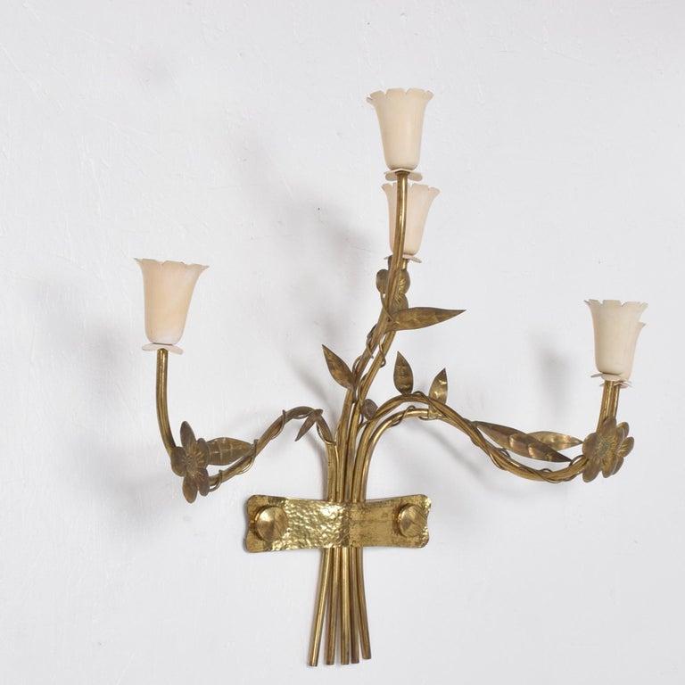 Style of Gio Ponti Stilnovo glamorous and graceful Italian wall sconces 1950s Italy
unmarked.
Sconces 5 arms in brass sculptural floral bouquet design. 
Listing is for 2 sconces.
Aluminum shade off white
19 T x 18.5W x 10.5 D inches
requires five
