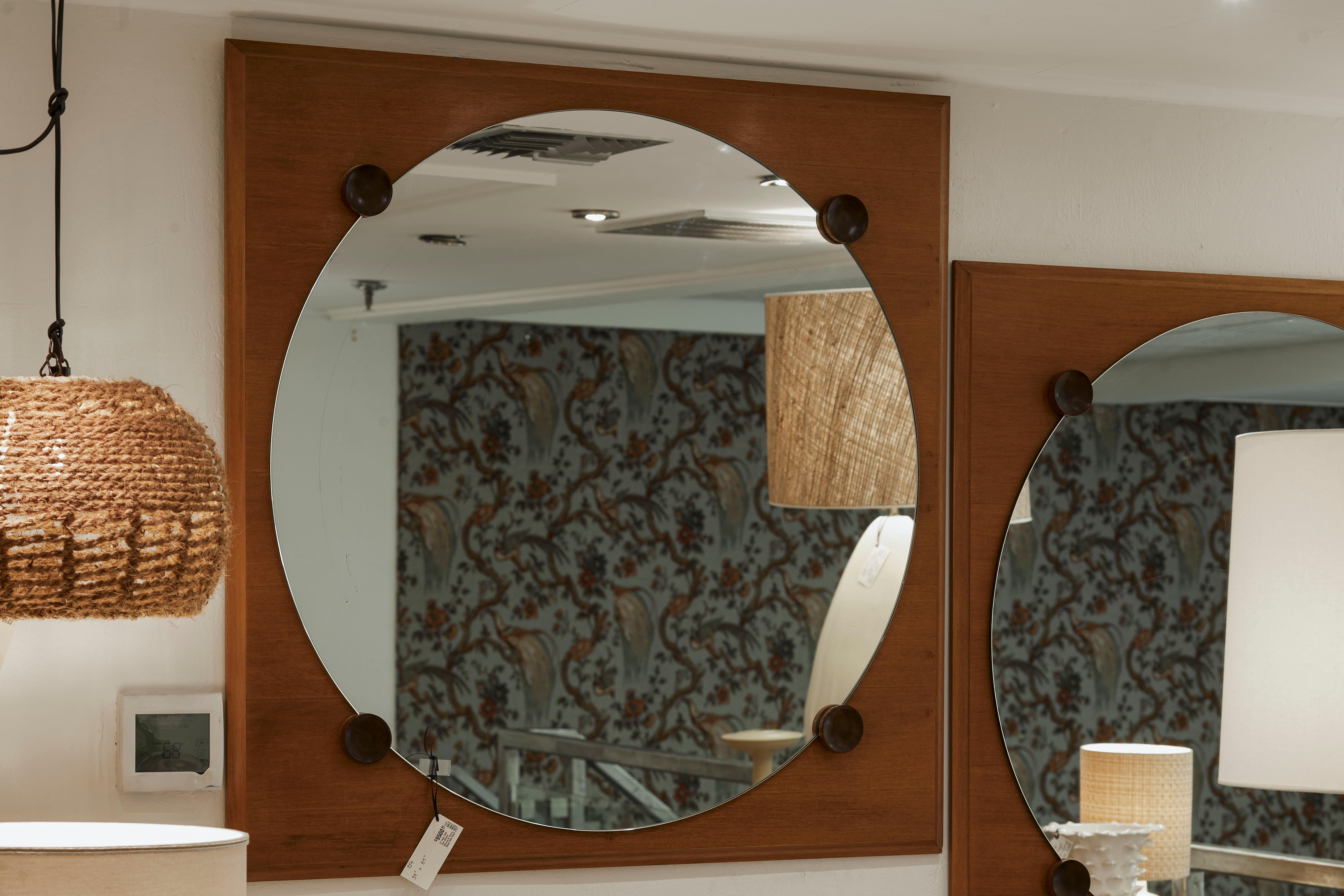 Mid-20th Century 1950's Italy Pair of Walnut Mirrors with Cherry Wood Disc Detail For Sale