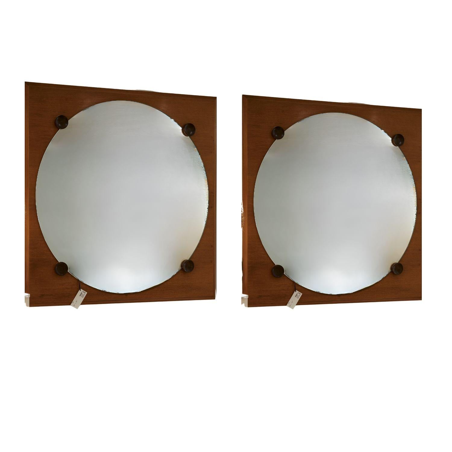 1950's Italy Pair of Walnut Mirrors with Cherry Wood Disc Detail For Sale 2