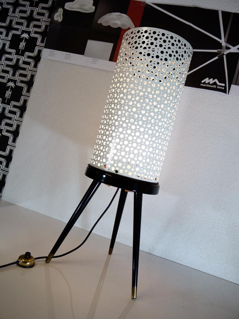 Mid-Century Modern 1950s Italy Perforated Metal Floor Lamp Black & White in the Manner of Stilnovo For Sale
