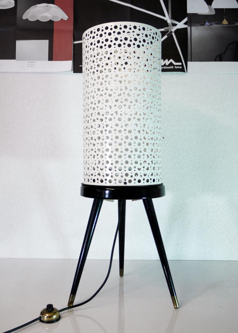 Mid-20th Century 1950s Italy Perforated Metal Floor Lamp Black & White in the Manner of Stilnovo For Sale