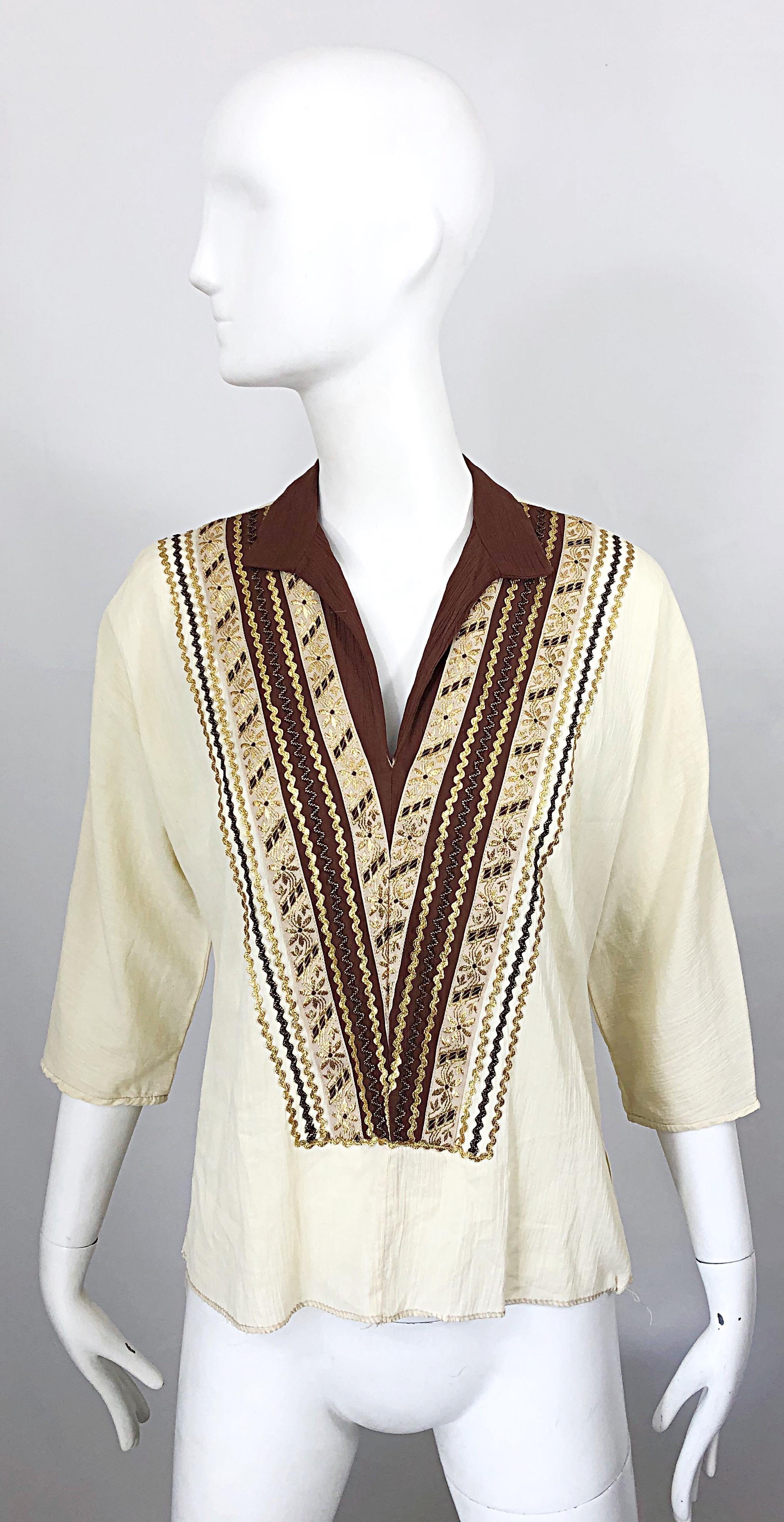 1950s Ivory Brown and Gold Embroidered Silk Tunic Skirt Vintage 50s Patio Dress For Sale 6