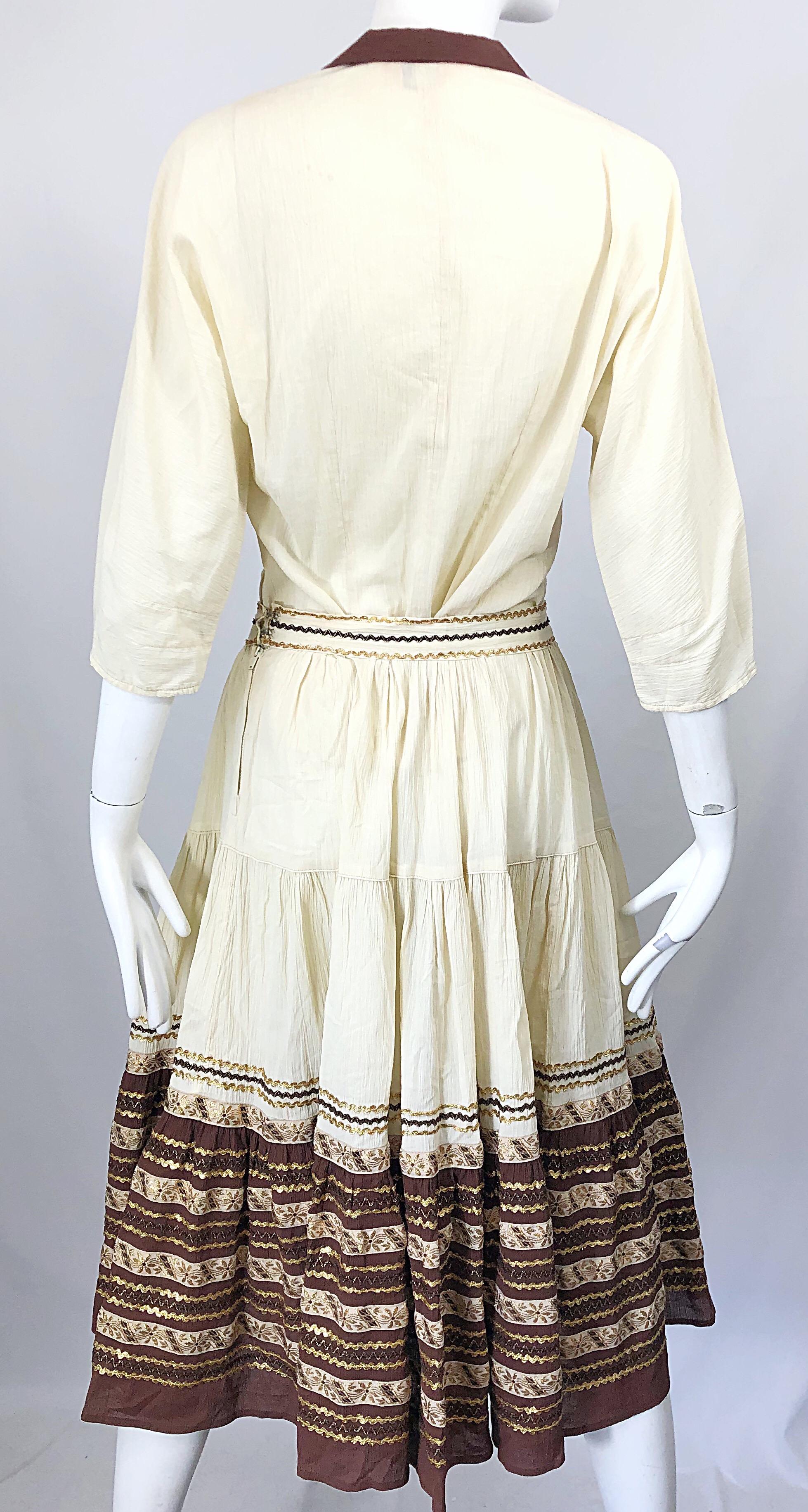 Women's 1950s Ivory Brown and Gold Embroidered Silk Tunic Skirt Vintage 50s Patio Dress For Sale