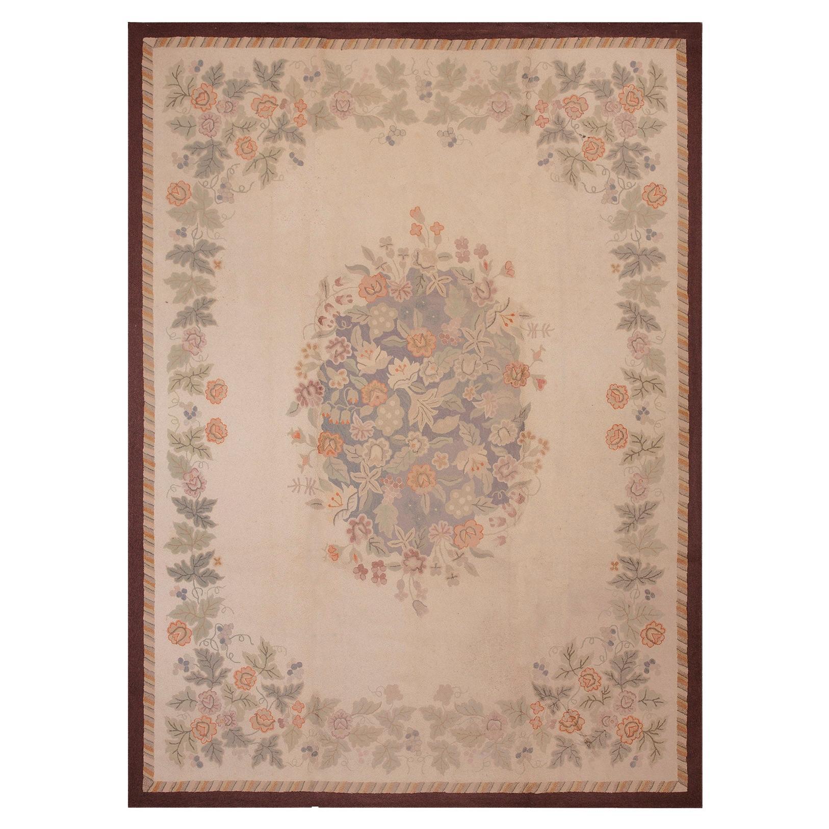 1950s Ivory 
Brown Garden Design Vintage American Hooked Rug 8
9"x11
9" Carpet