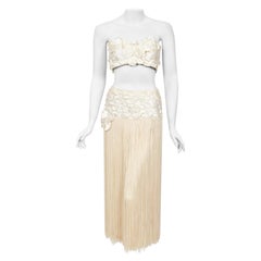 1950
s Ivory Floral Appliqué Silk Bustier Crop Top 
Matching Fringe Skirt Set
