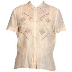 Vintage 1950S Ivory Hand Embroidered Linen Top With Geometric Scalloped Collar