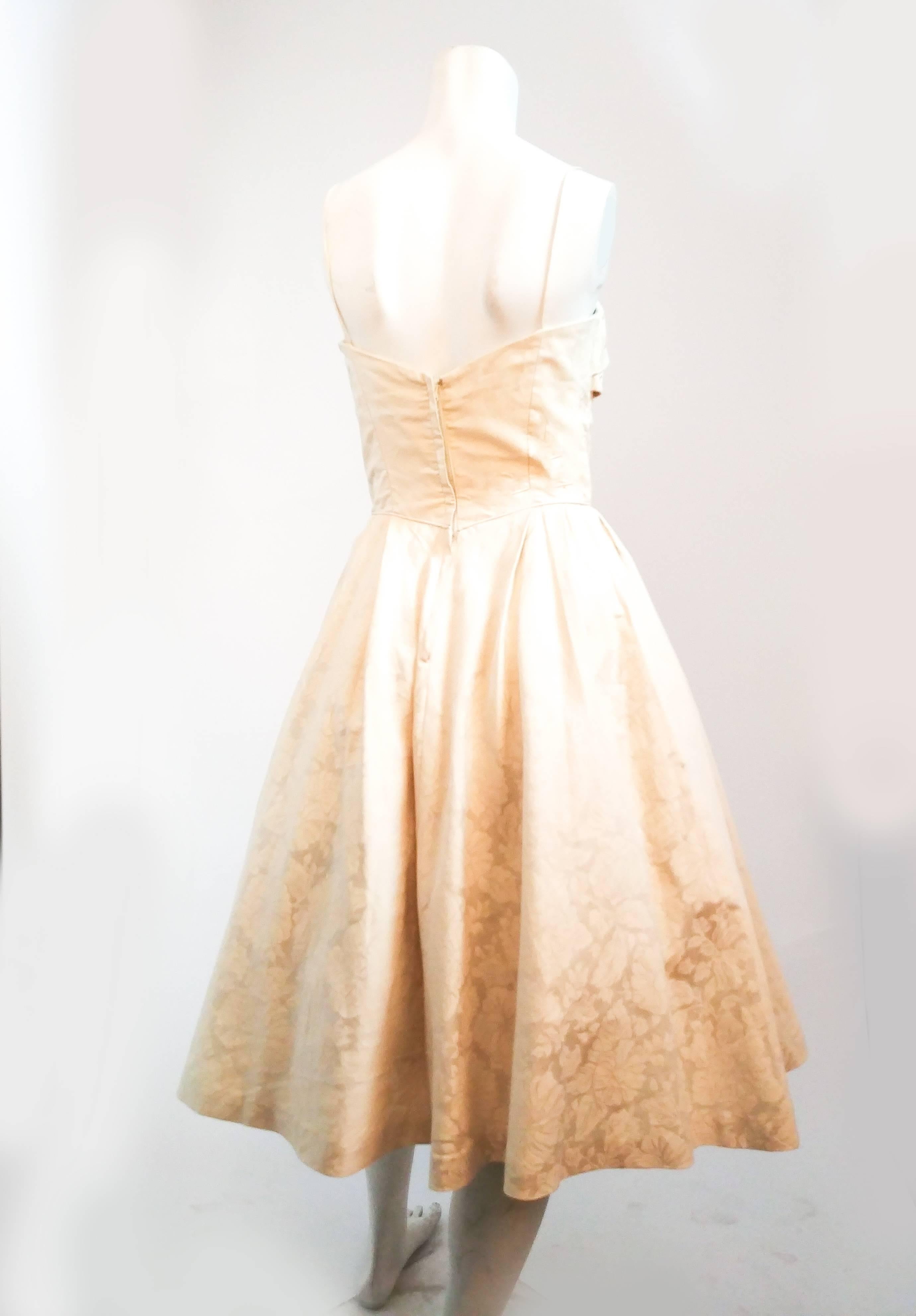 Beige 1950s Ivory Jacquard Dress w/ Beaded Bodice For Sale