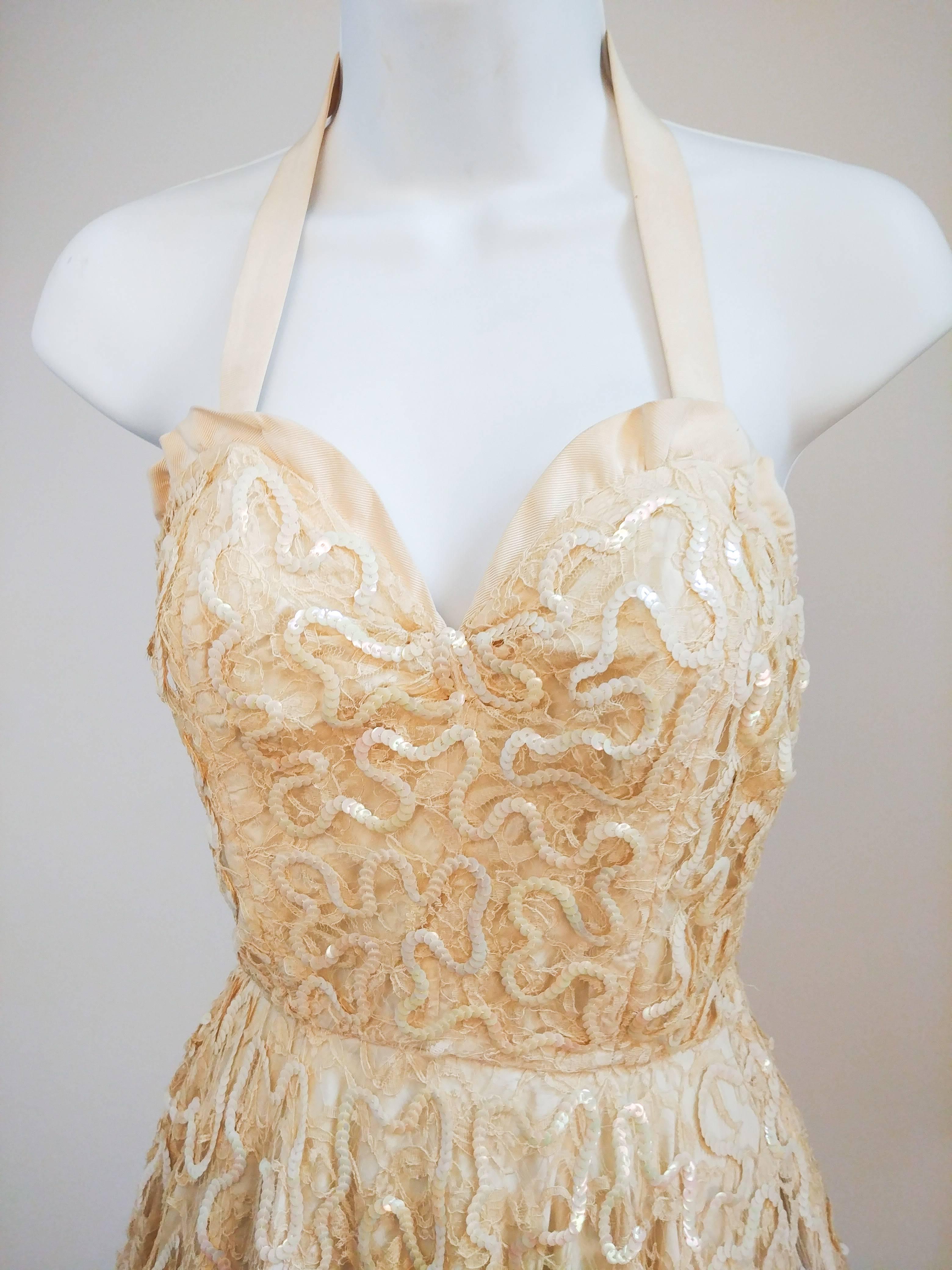 Beige Ivory Sequin Halterneck Gown, 1950s  For Sale