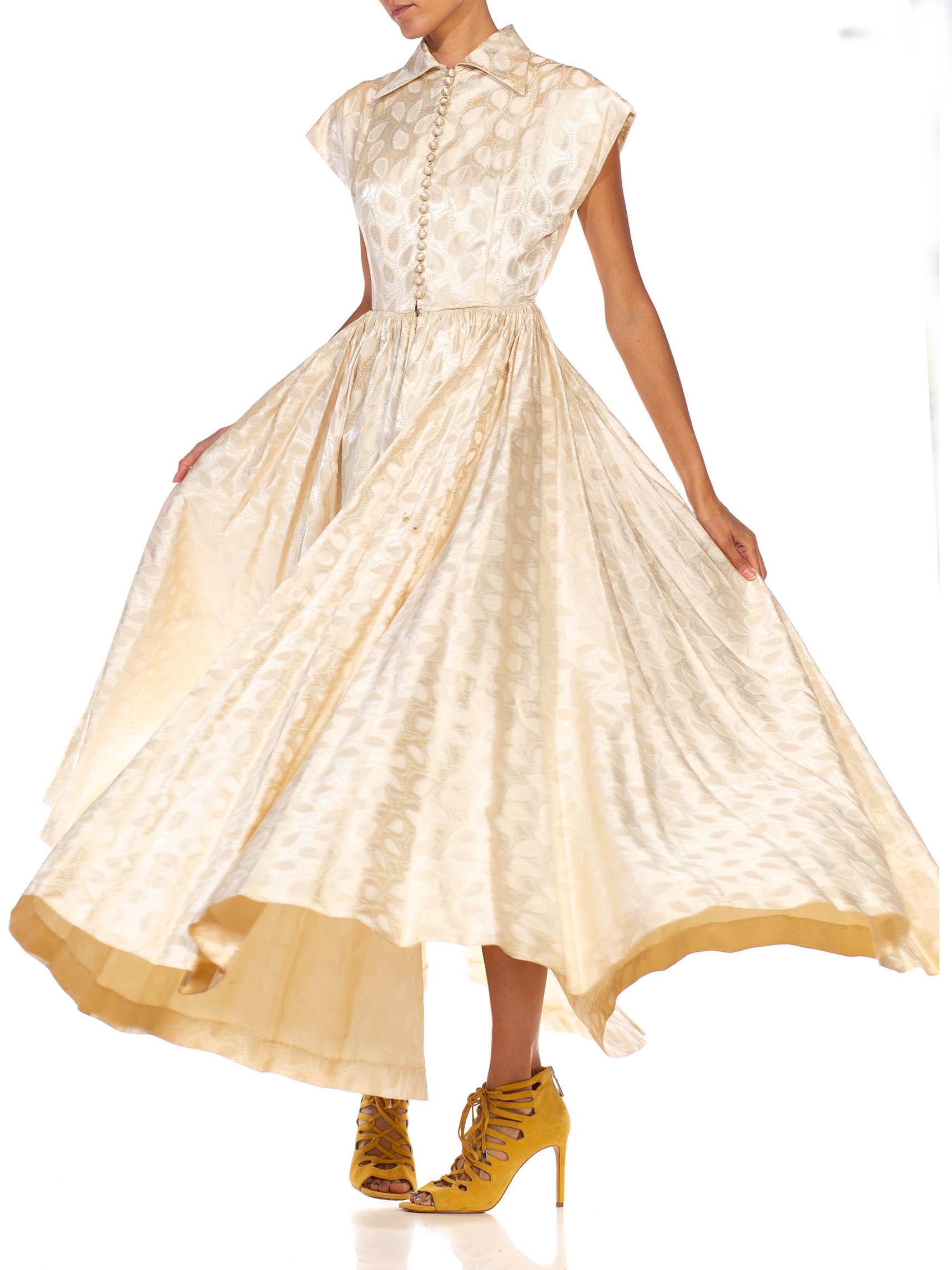White 1950S Ivory Silk Blend Jaquard Full Skirt And Button Down  Dress For Sale