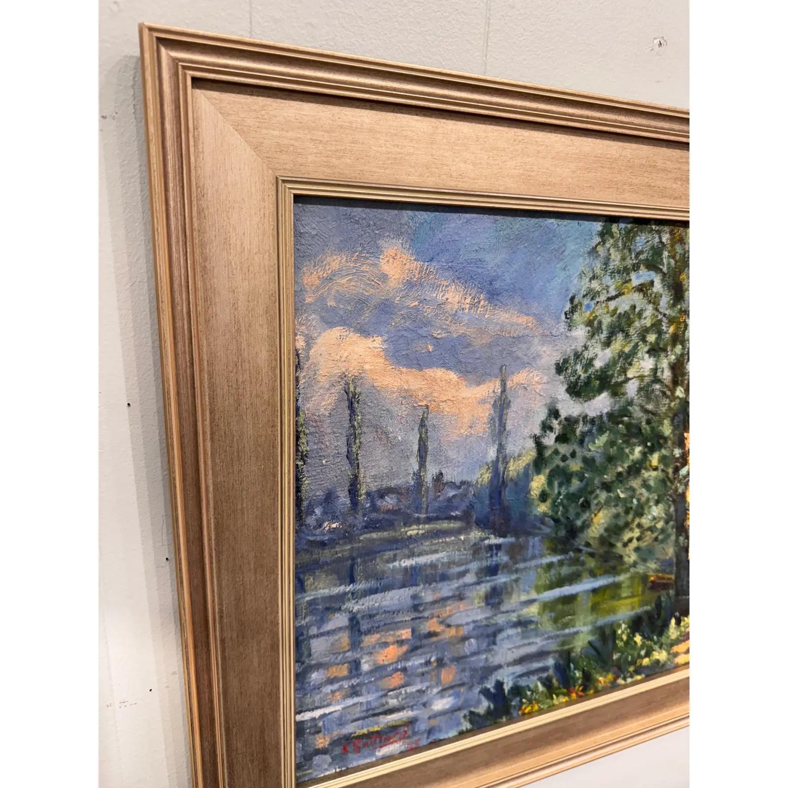 Dies ist eine schöne J. Gowan Landschaft Öl auf Leinwand in einem breiten Champagner Gold farbigen Holzrahmen präsentiert. Er ist ein kalifornischer Künstler aus den 1950er Jahren mit einer Vorliebe für naturalistische Gemälde von nordamerikanischen