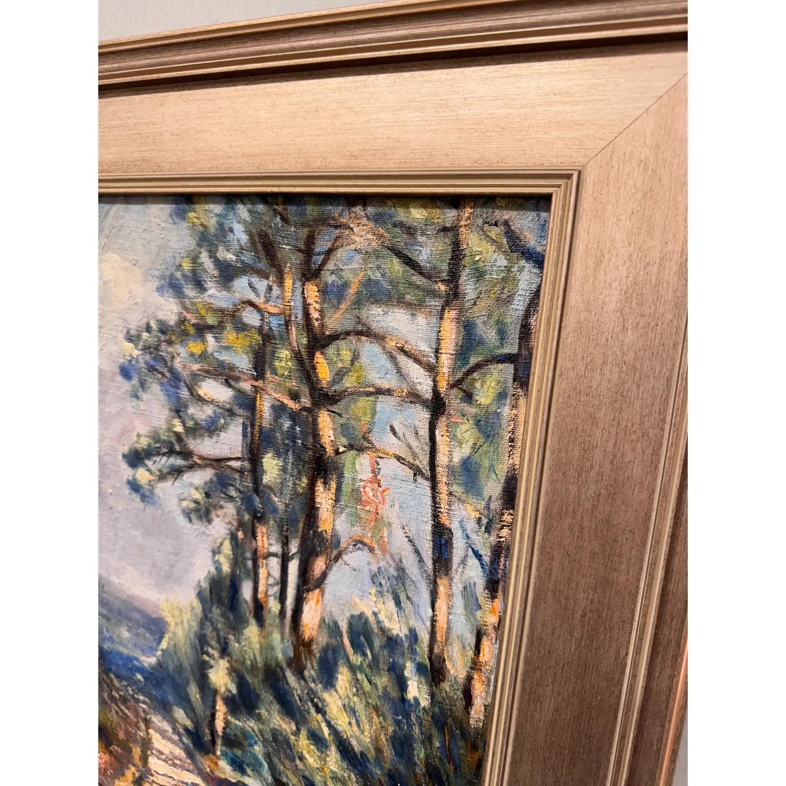 Dies ist eine schöne J. Gowan Landschaft Öl auf Leinwand in einem breiten Champagner Gold farbigen Holzrahmen präsentiert. Er ist ein kalifornischer Künstler aus den 1950er Jahren mit einer Vorliebe für naturalistische Gemälde von nordamerikanischen