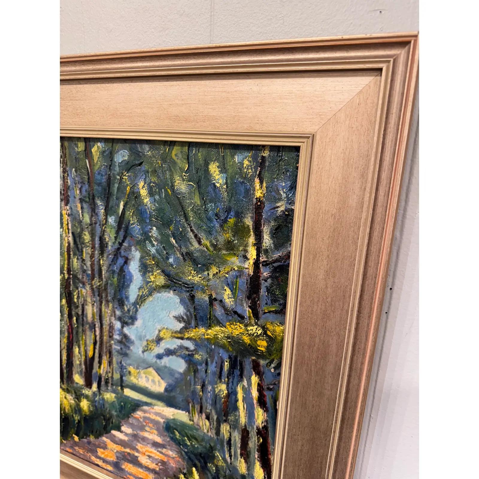 Dies ist eine schöne J. Gowan Landschaft Öl auf Leinwand in einem breiten Champagner Gold farbigen Holzrahmen präsentiert. Er ist ein kalifornischer Künstler aus den 1950er Jahren mit einer Vorliebe für naturalistische Gemälde von nordamerikanischen