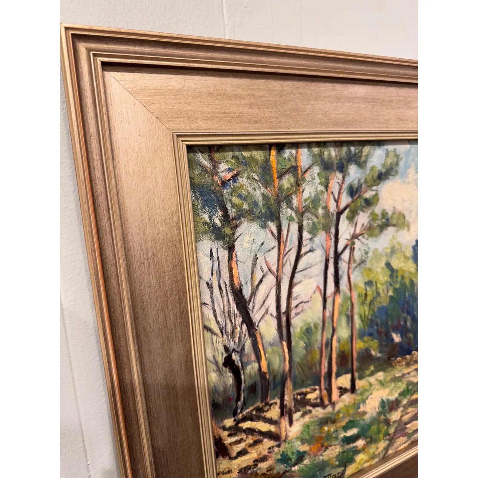 Dies ist eine schöne J. Gowan Landschaft Öl auf Leinwand in einem breiten Champagner Gold farbigen Holzrahmen präsentiert. Er ist ein kalifornischer Künstler aus den 1950er Jahren mit einer Vorliebe für naturalistische Gemälde von nordamerikanischen