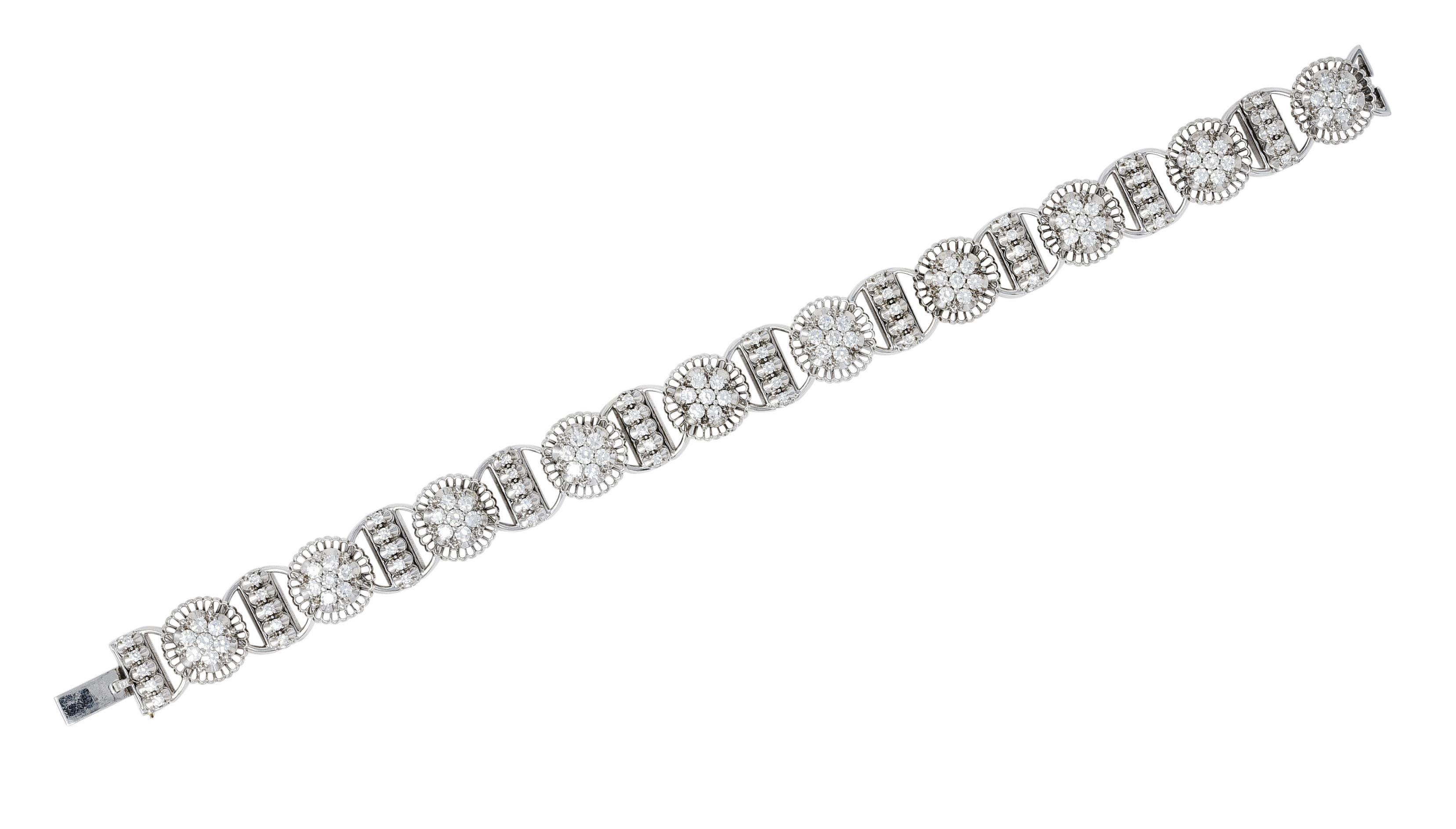 Retro 1950's Jabel 3.00 CTW Diamond 18 Karat White Gold Cluster Link Bracelet