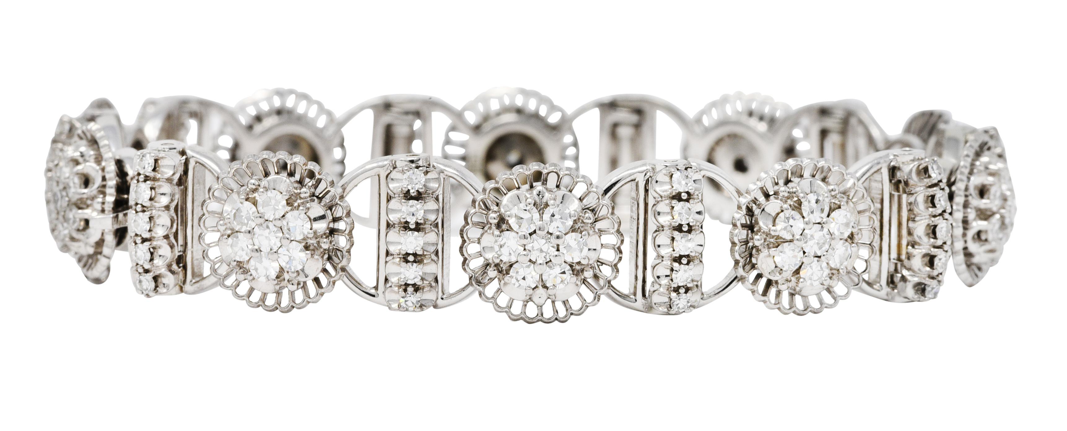 Women's or Men's 1950's Jabel 3.00 CTW Diamond 18 Karat White Gold Cluster Link Bracelet