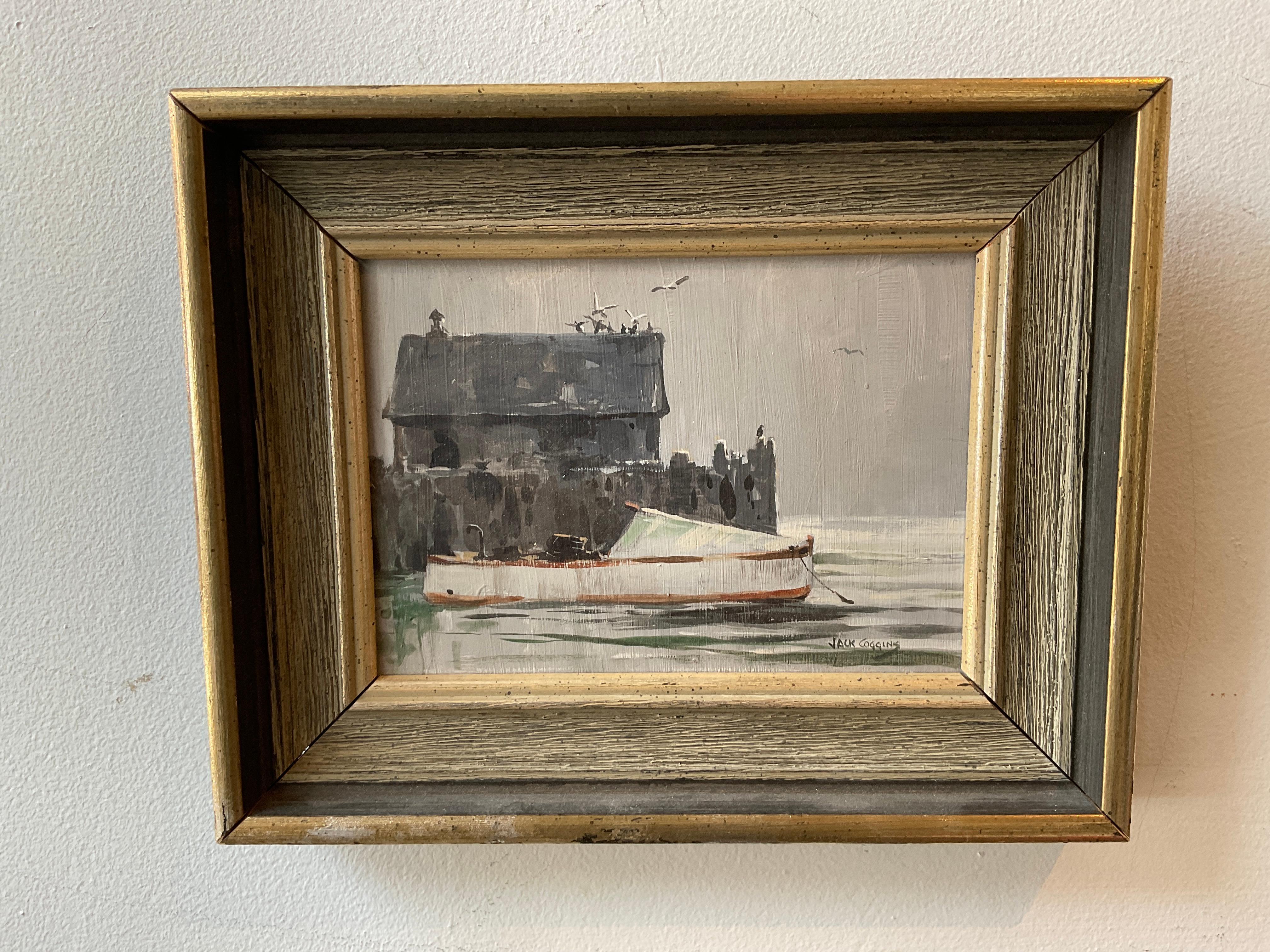 1950s Jack Coggins oil on board painting of a boat by the shore.