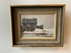 1950s Jack Coggins Oil On Board Of Boat By Shore
