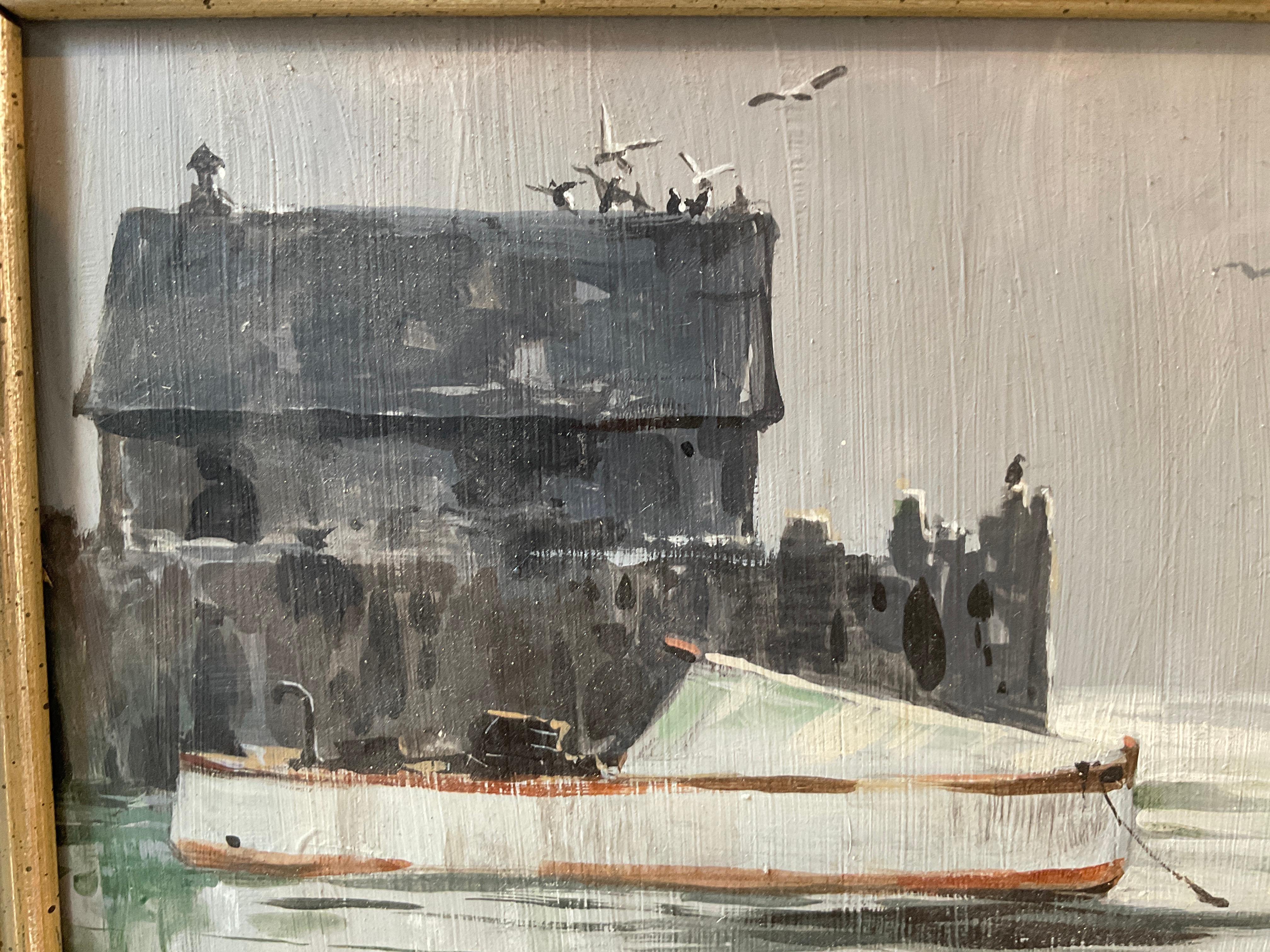 1950s Jack Coggins Oil On Board Of Boat By Shore In Good Condition For Sale In Tarrytown, NY