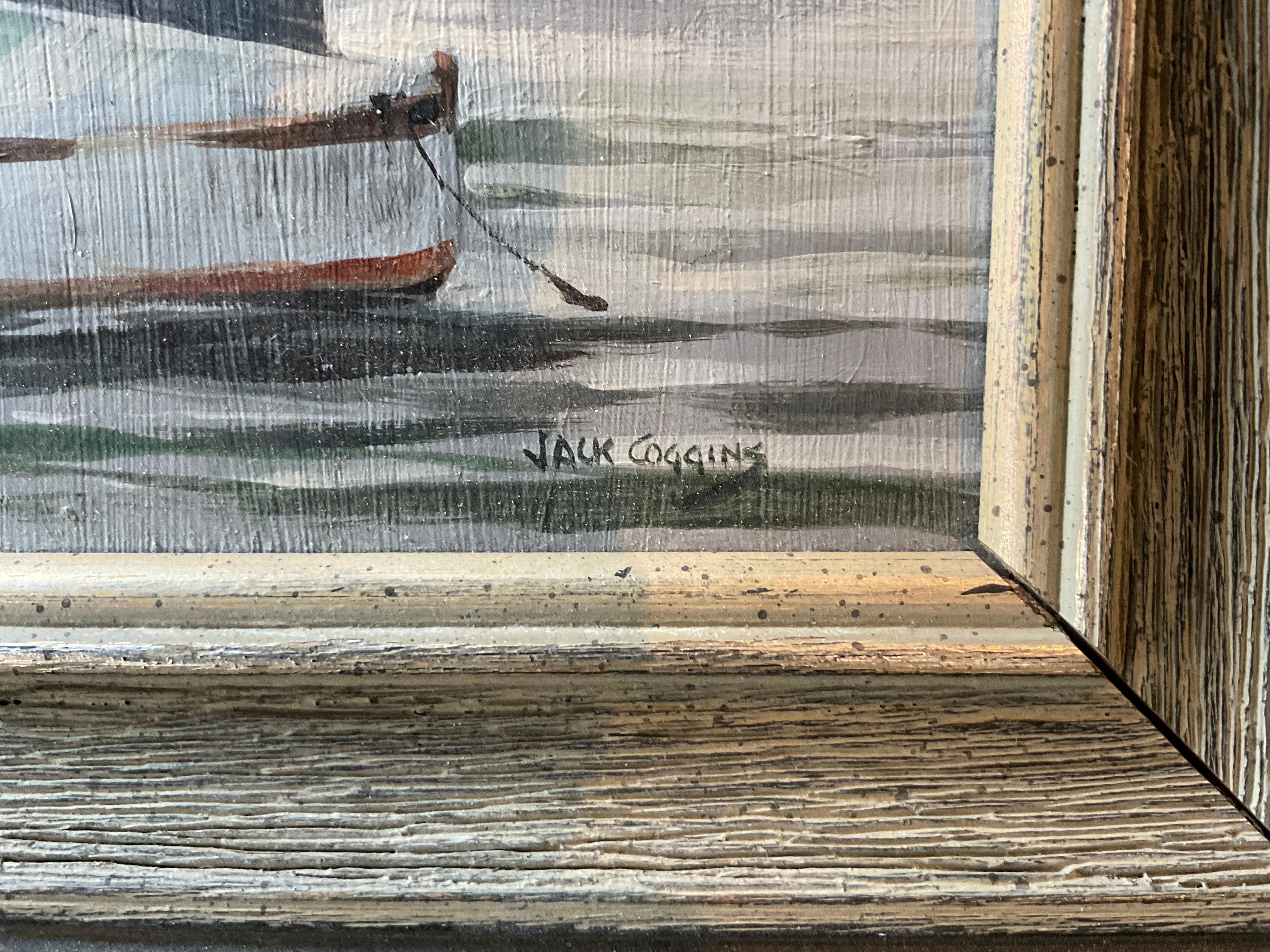 Mid-20th Century 1950s Jack Coggins Oil On Board Of Boat By Shore For Sale