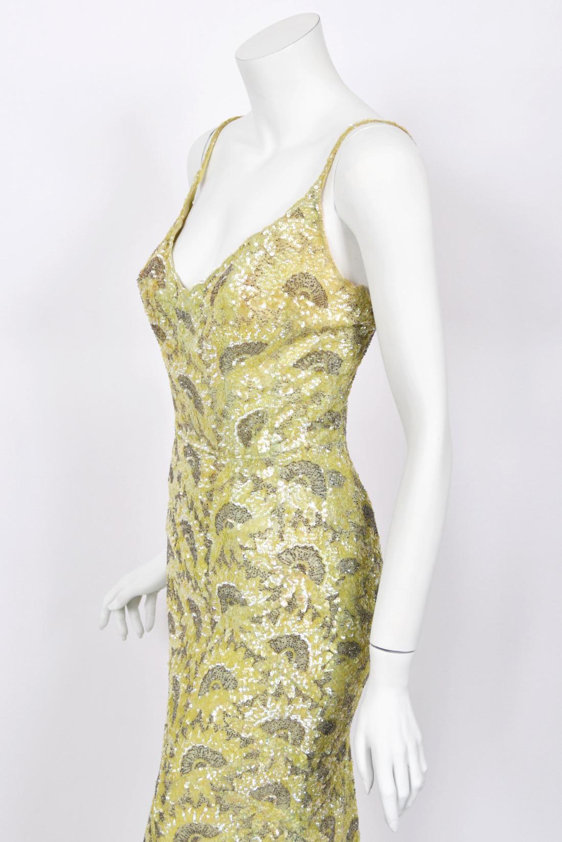 1950's Jacqueline Paris Couture Chartreuse Fully-Beaded Backless Hourglass Gown 6