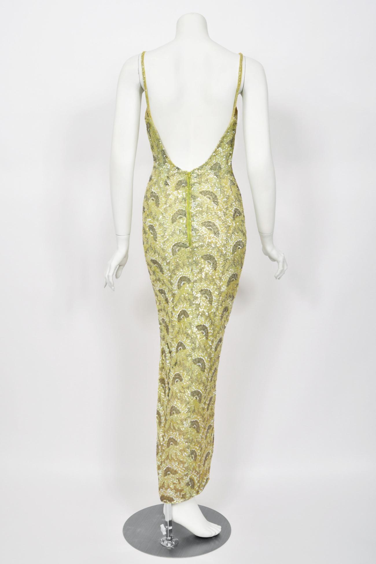 1950's Jacqueline Paris Couture Chartreuse Fully-Beaded Backless Hourglass Gown 7