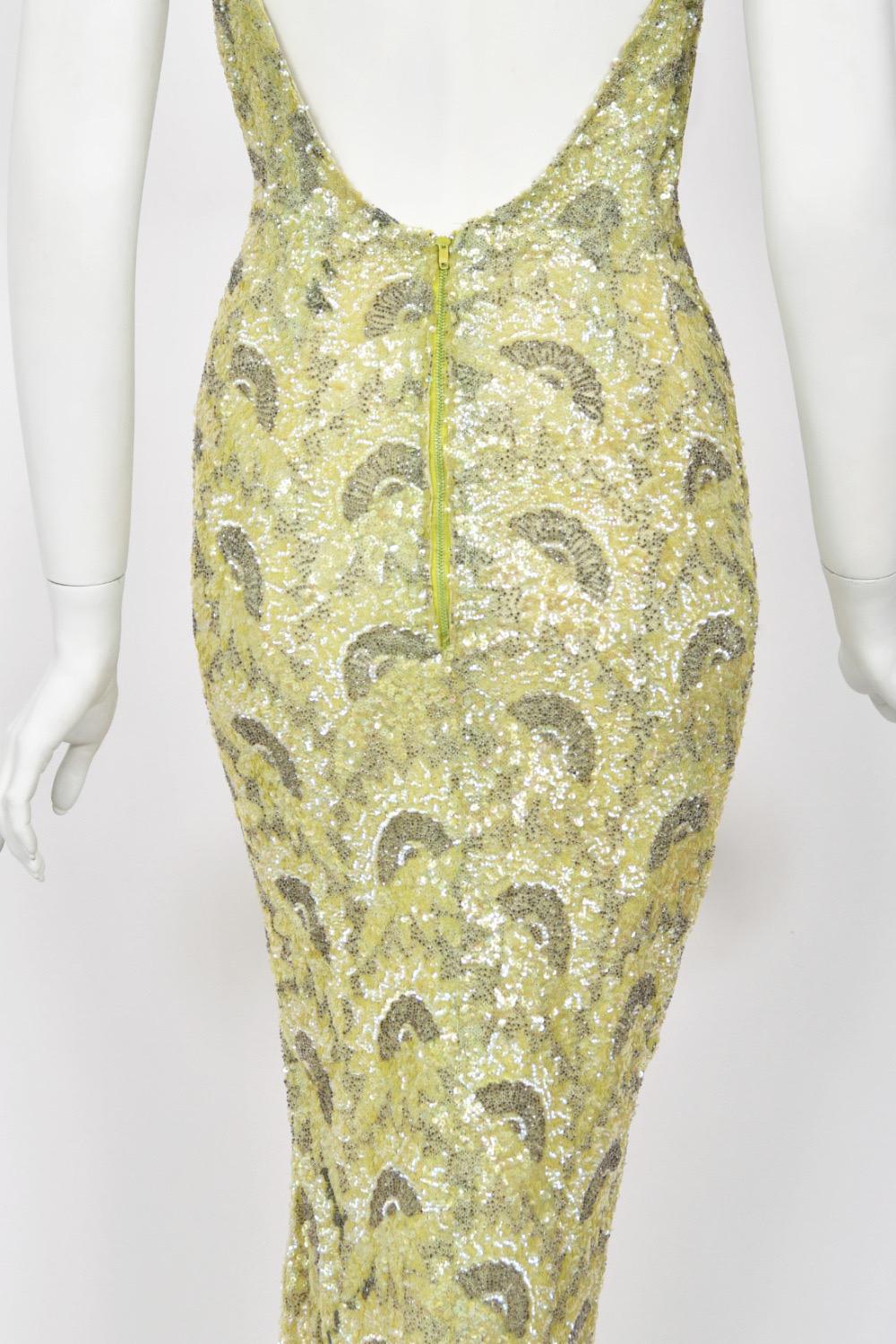 1950's Jacqueline Paris Couture Chartreuse Fully-Beaded Backless Hourglass Gown 8