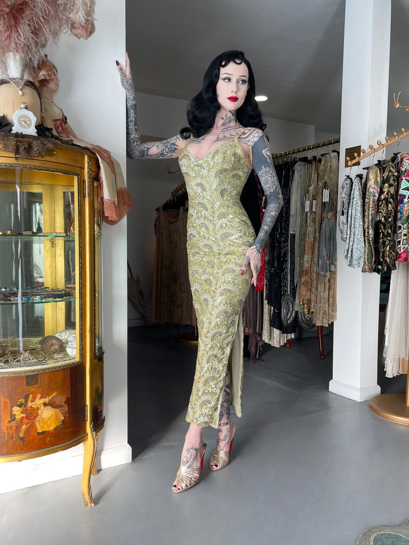 1950's Jacqueline Paris Couture Chartreuse Fully-Beaded Backless Hourglass Gown 9
