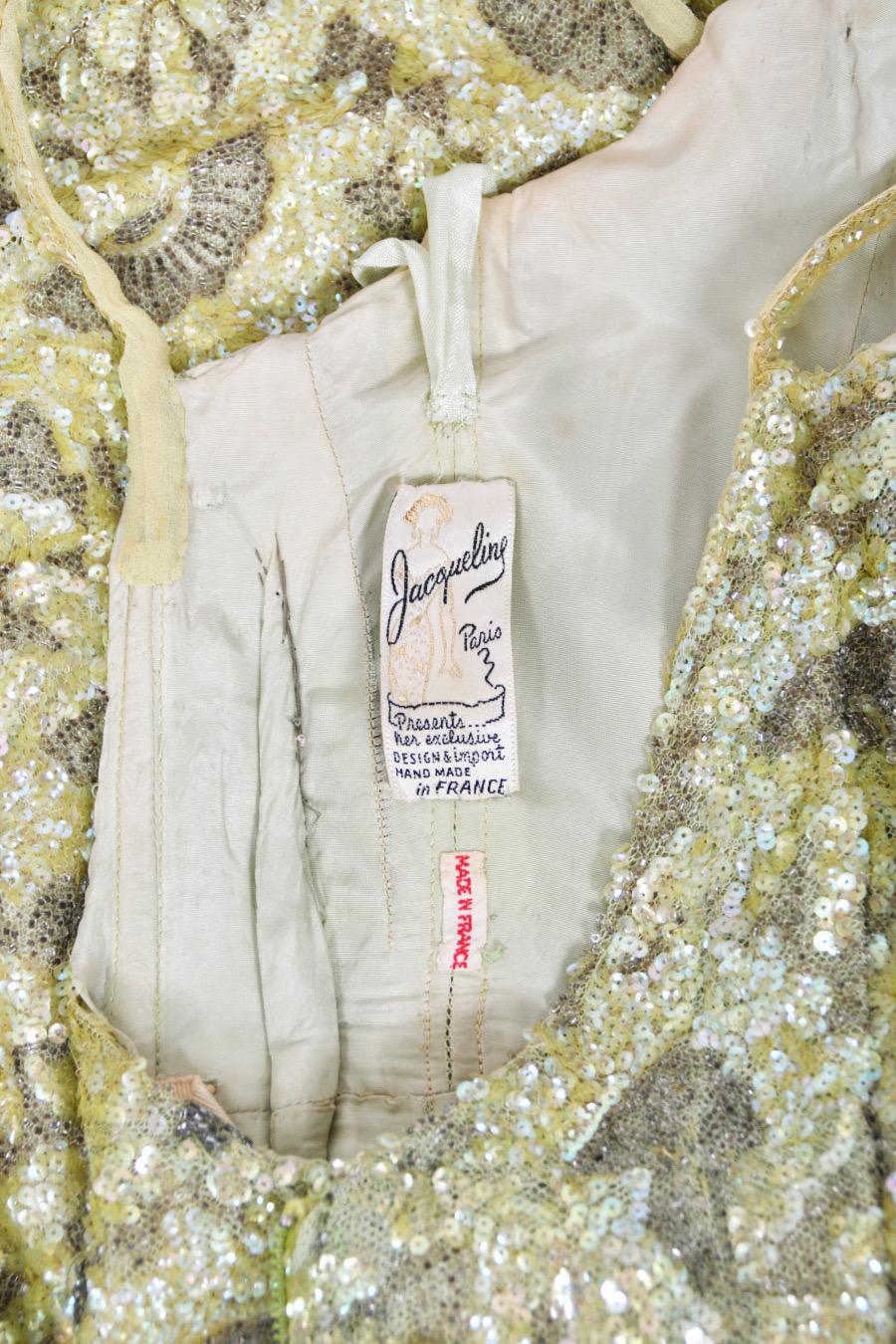 1950's Jacqueline Paris Couture Chartreuse Fully-Beaded Backless Hourglass Gown 11