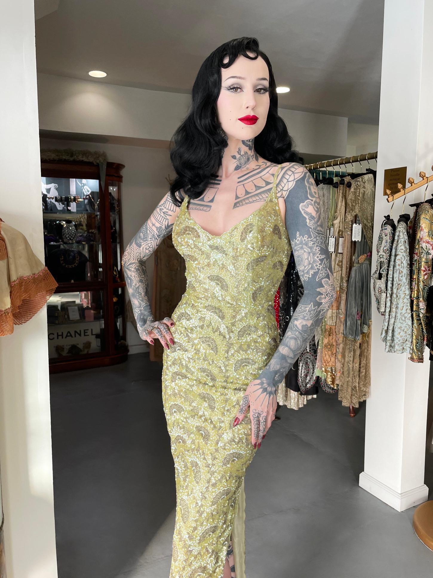 Beige 1950's Jacqueline Paris Couture Chartreuse Fully-Beaded Backless Hourglass Gown