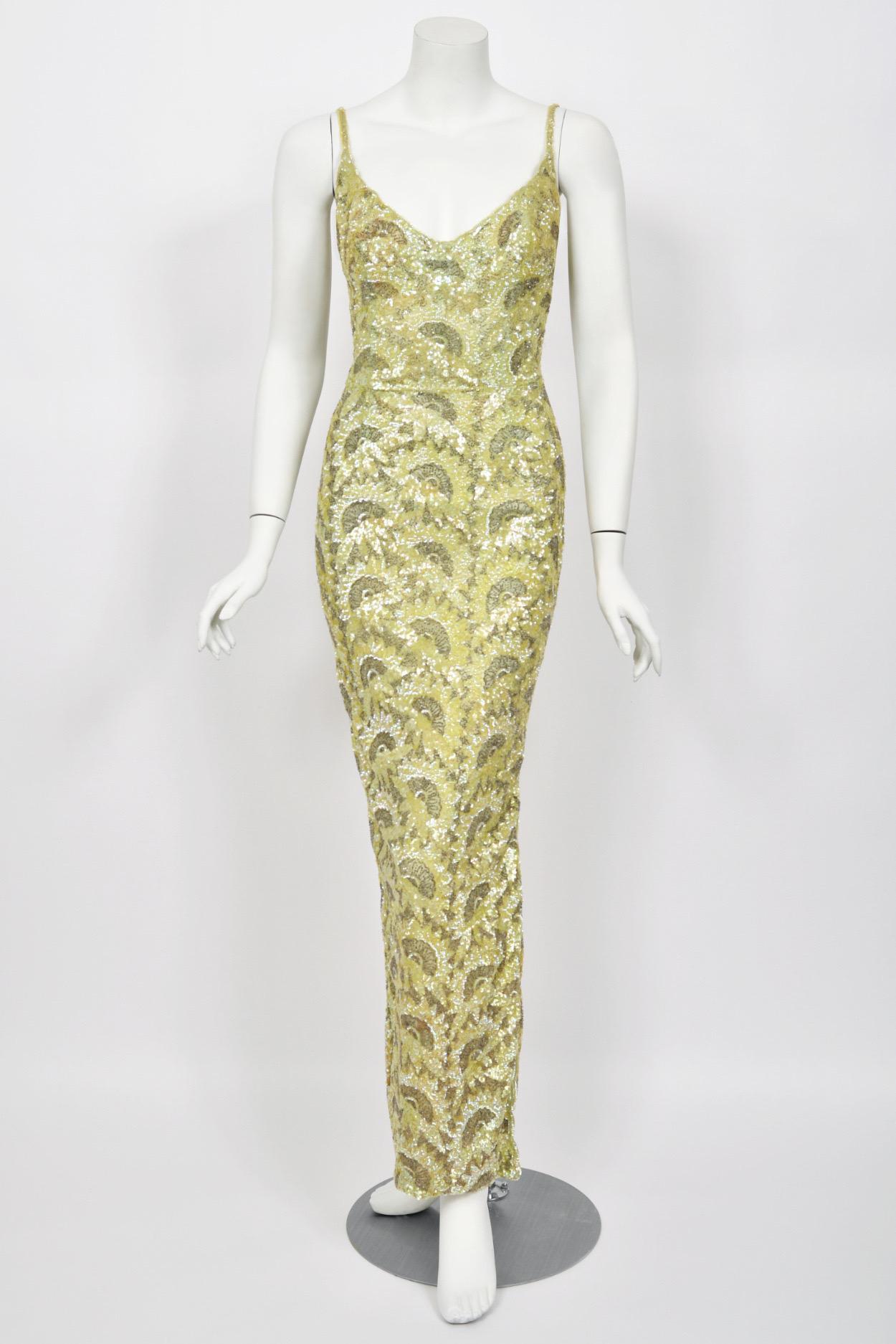1950's Jacqueline Paris Couture Chartreuse Fully-Beaded Backless Hourglass Gown In Good Condition In Beverly Hills, CA