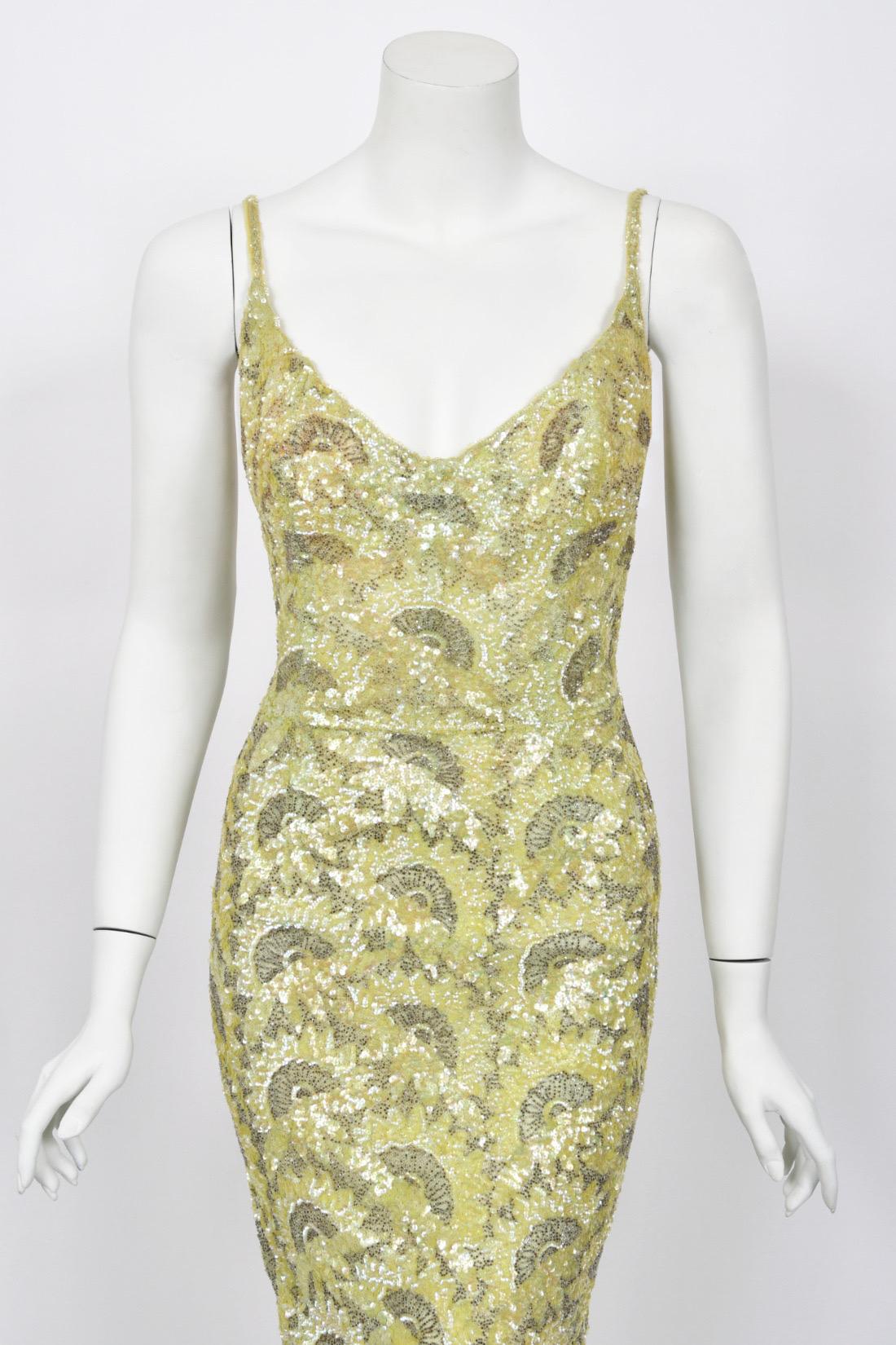 Women's 1950's Jacqueline Paris Couture Chartreuse Fully-Beaded Backless Hourglass Gown