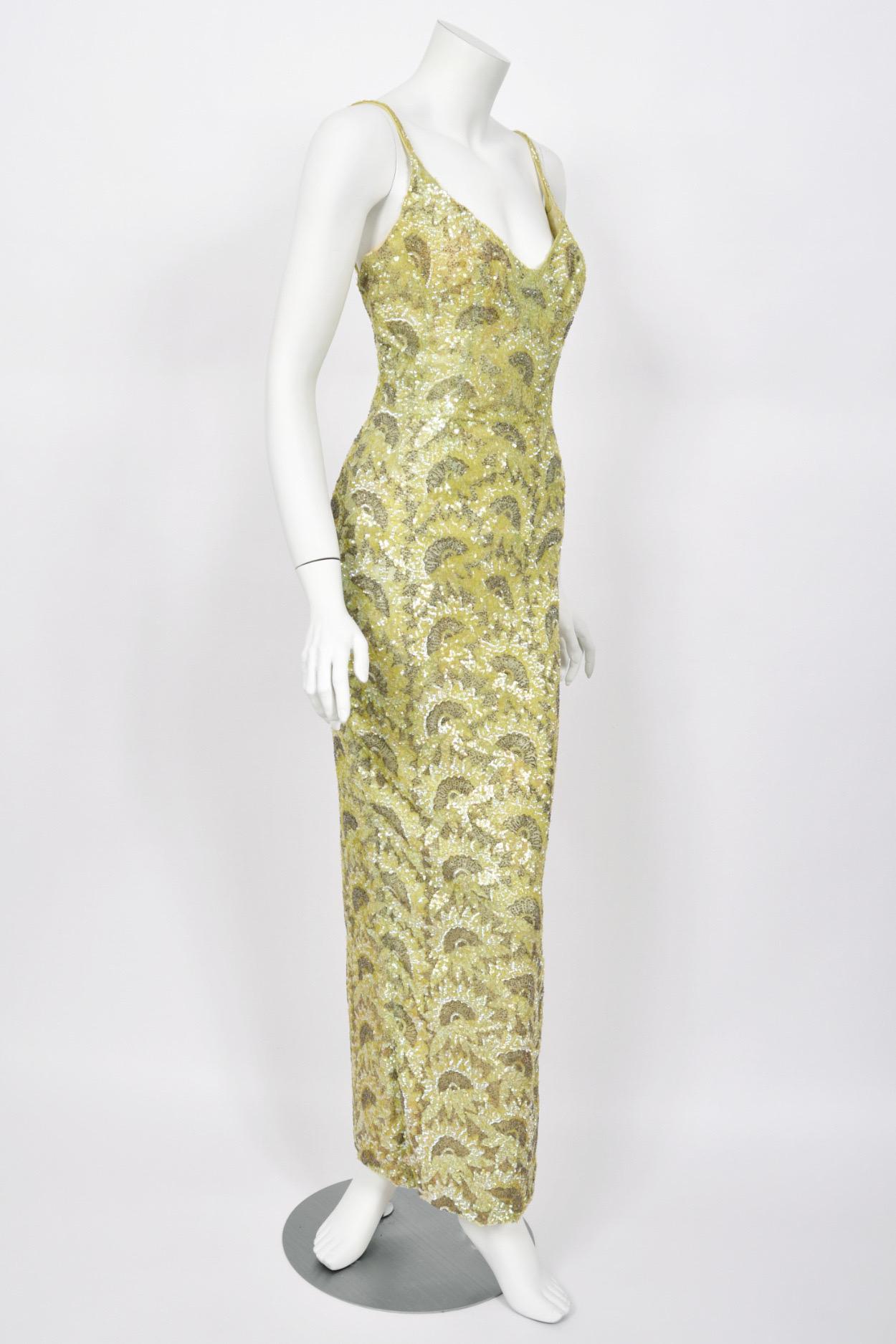 1950's Jacqueline Paris Couture Chartreuse Fully-Beaded Backless Hourglass Gown 1