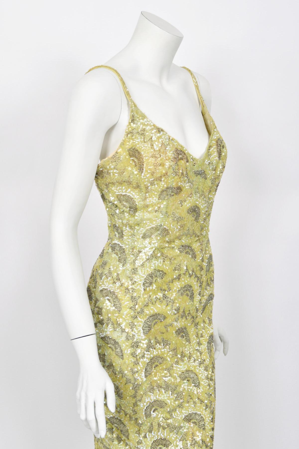 1950's Jacqueline Paris Couture Chartreuse Fully-Beaded Backless Hourglass Gown 2