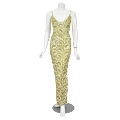 1950's Jacqueline Paris Couture Chartreuse Fully-Beaded Backless Hourglass Gown