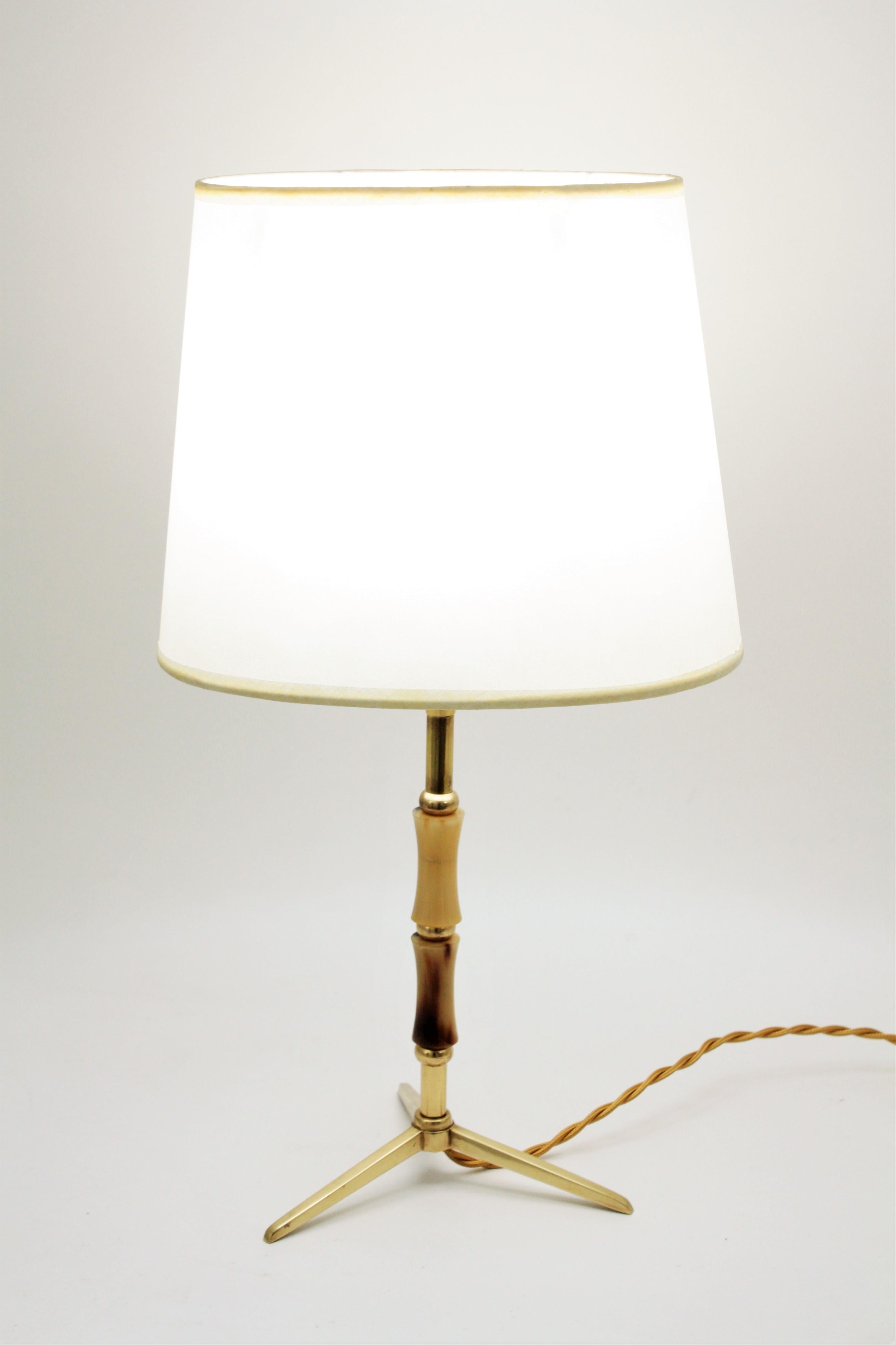 Jacques Adnet Faux Bamboo Brass Tripod Table Lamp, 1950s 3