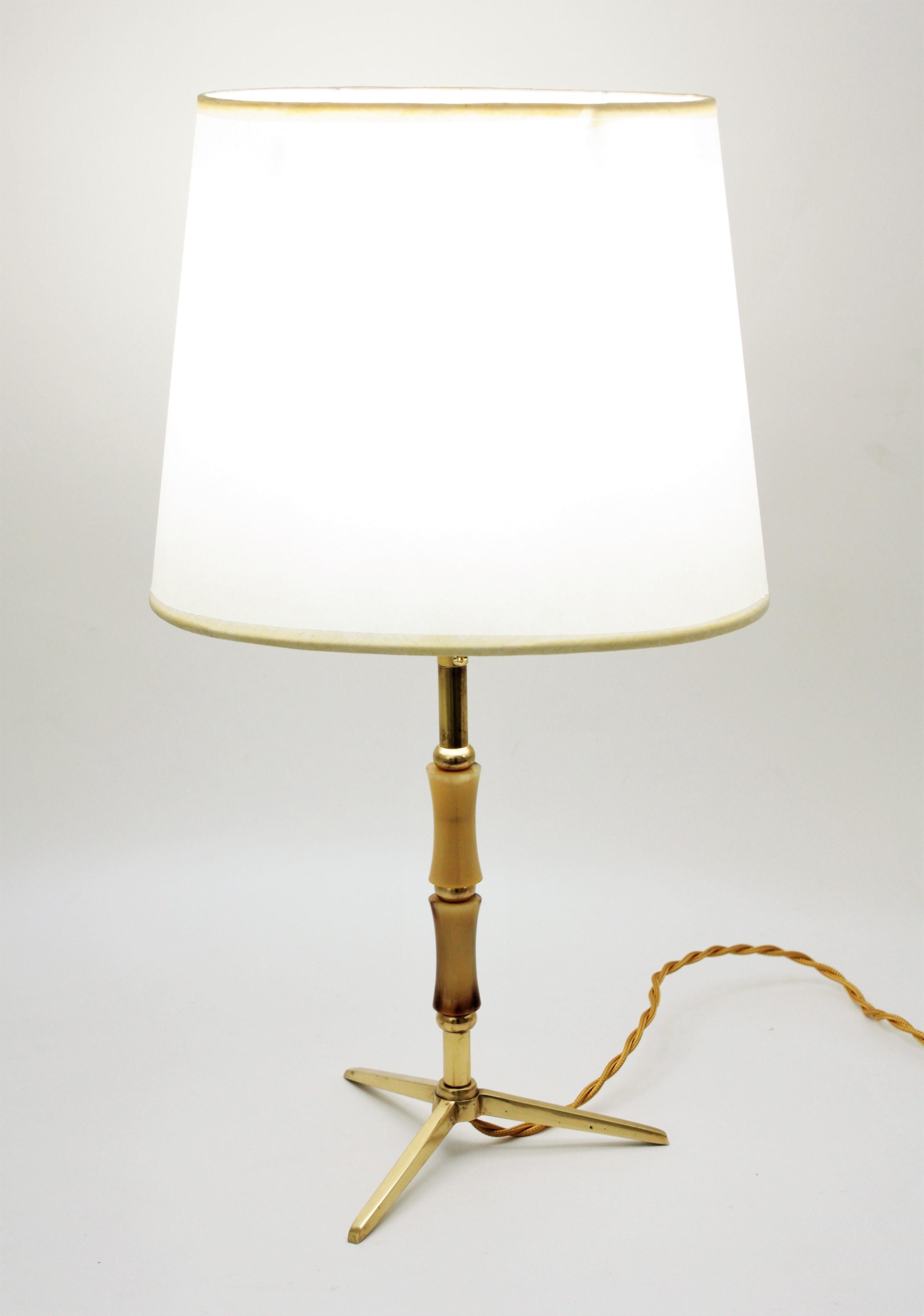 Mid-Century Modern Jacques Adnet Faux Bamboo Brass Tripod Table Lamp, 1950s