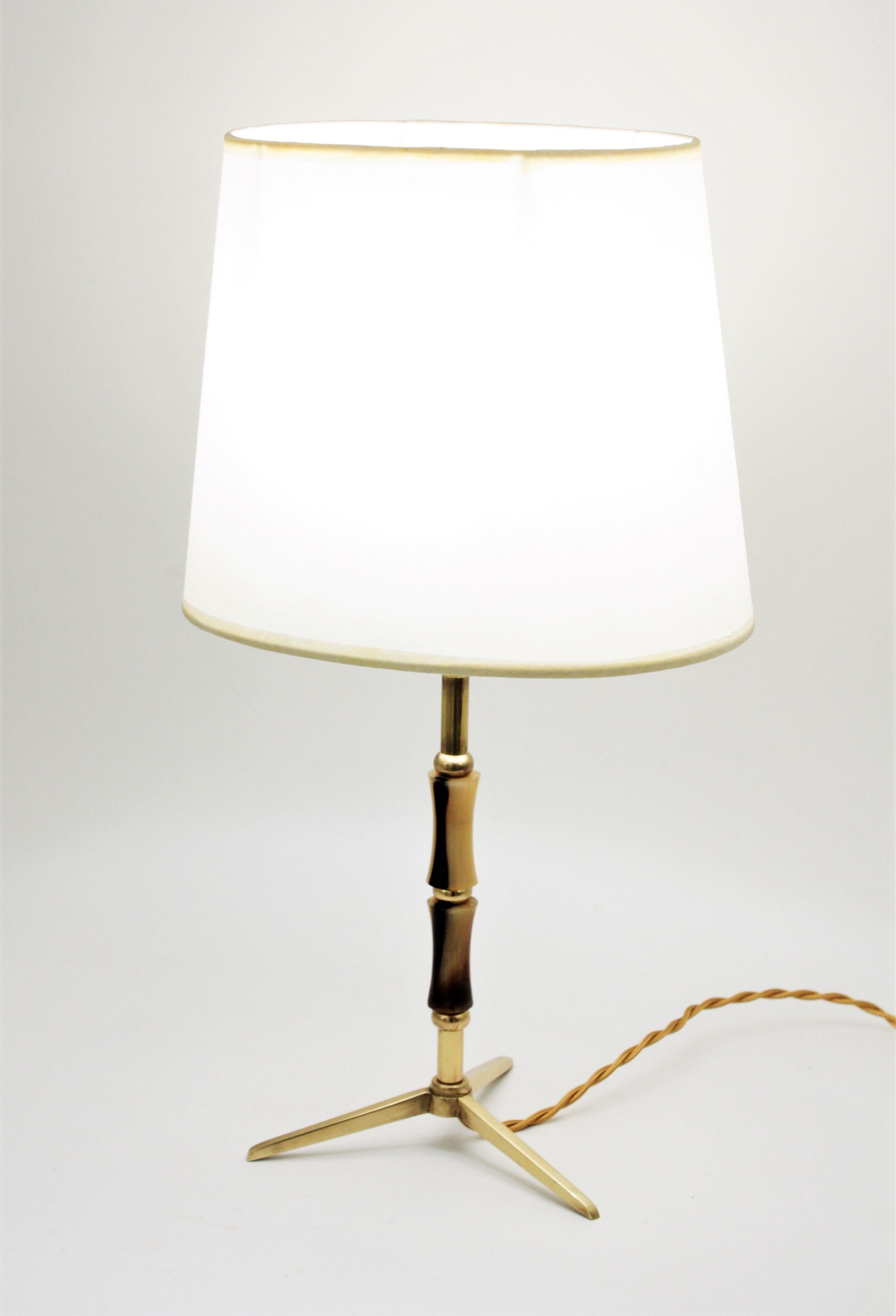 French Jacques Adnet Faux Bamboo Brass Tripod Table Lamp, 1950s