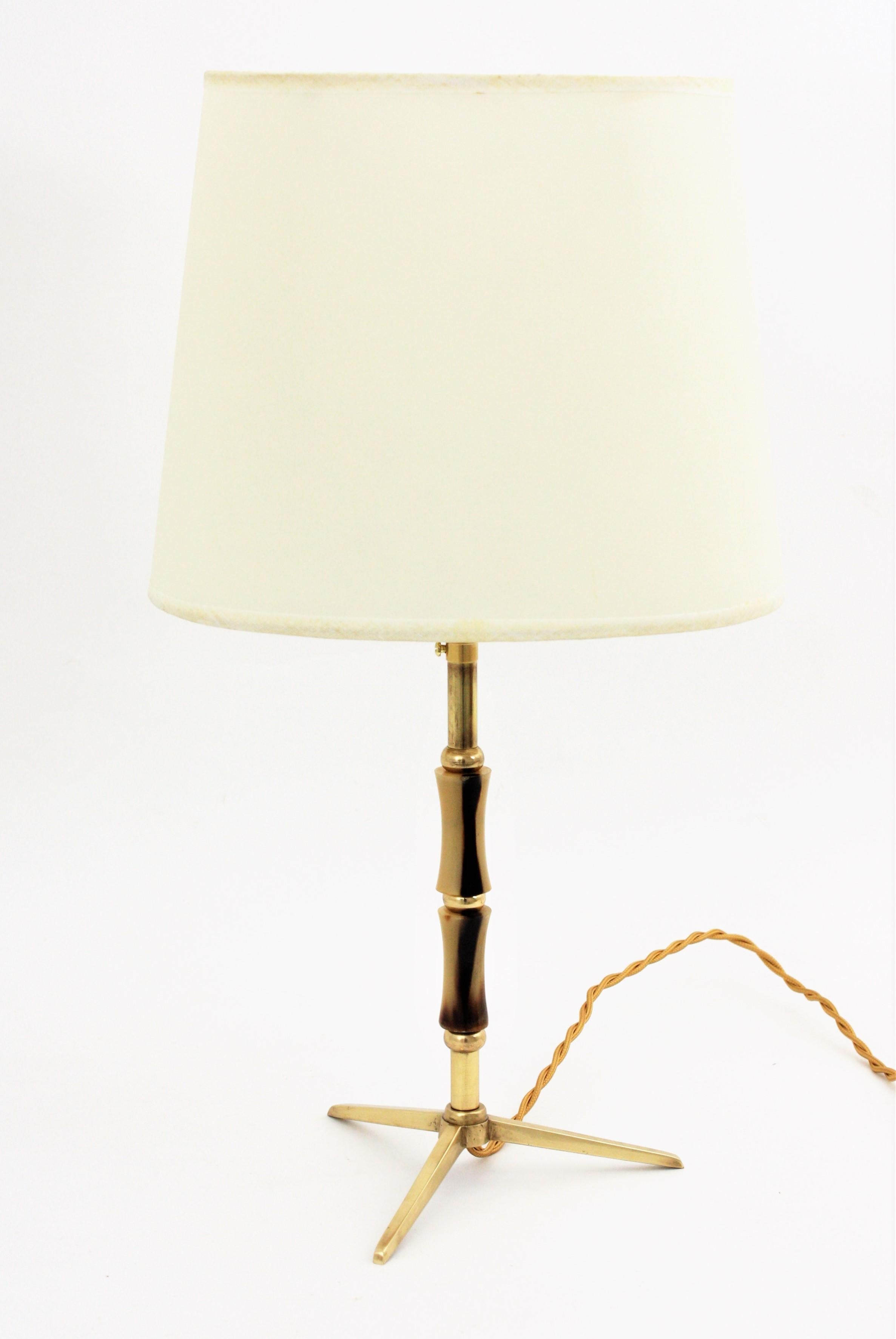 Jacques Adnet Faux Bamboo Brass Tripod Table Lamp, 1950s In Excellent Condition In Barcelona, ES