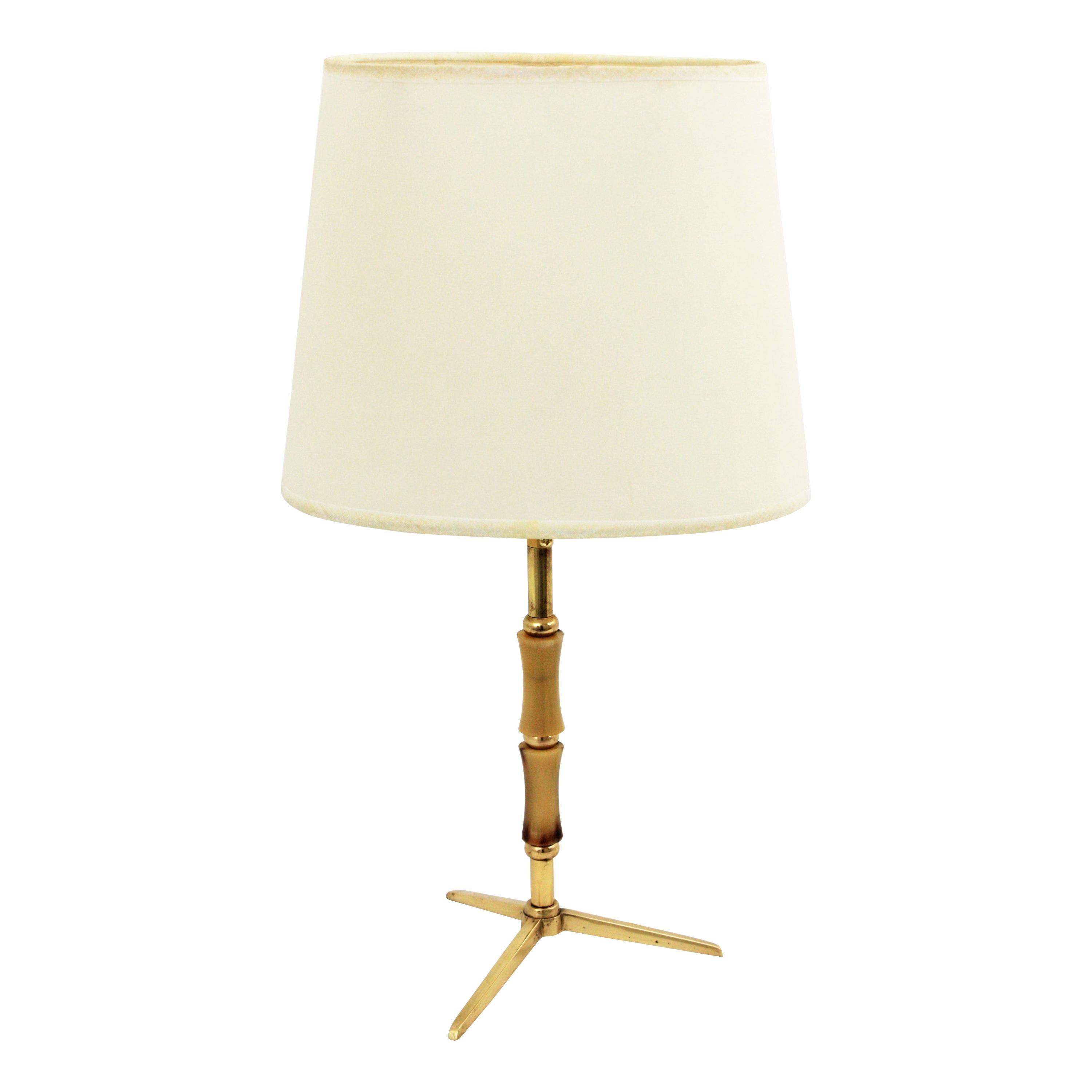 Jacques Adnet Faux Bamboo Brass Tripod Table Lamp, 1950s