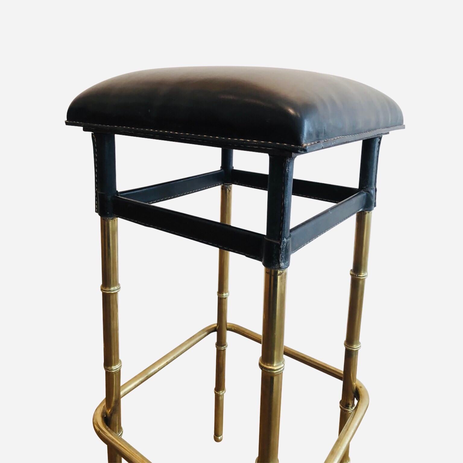 1950s Jacques Adnet Pair of Black Leather Bar Stools Bamboo Style For Sale 2