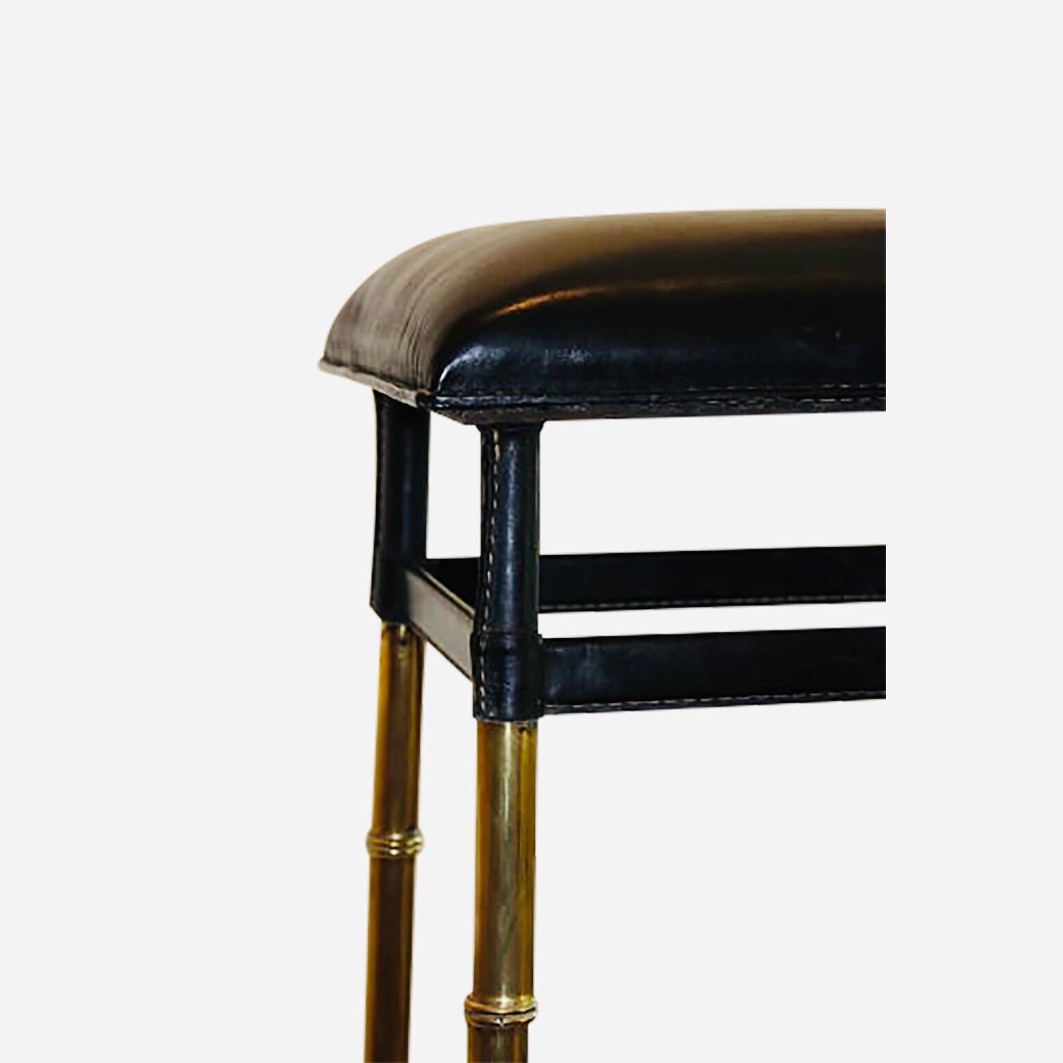 1950s Jacques Adnet Pair of Black Leather Bar Stools Bamboo Style For Sale 3